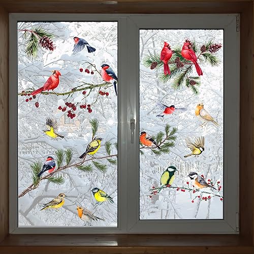 Miniatura 4 de 9 hojas de calcomanías de invierno para ventana, ramas de pájaros, decoración de pino cardenal de Navidad, calcomanías de ventana de doble cara para