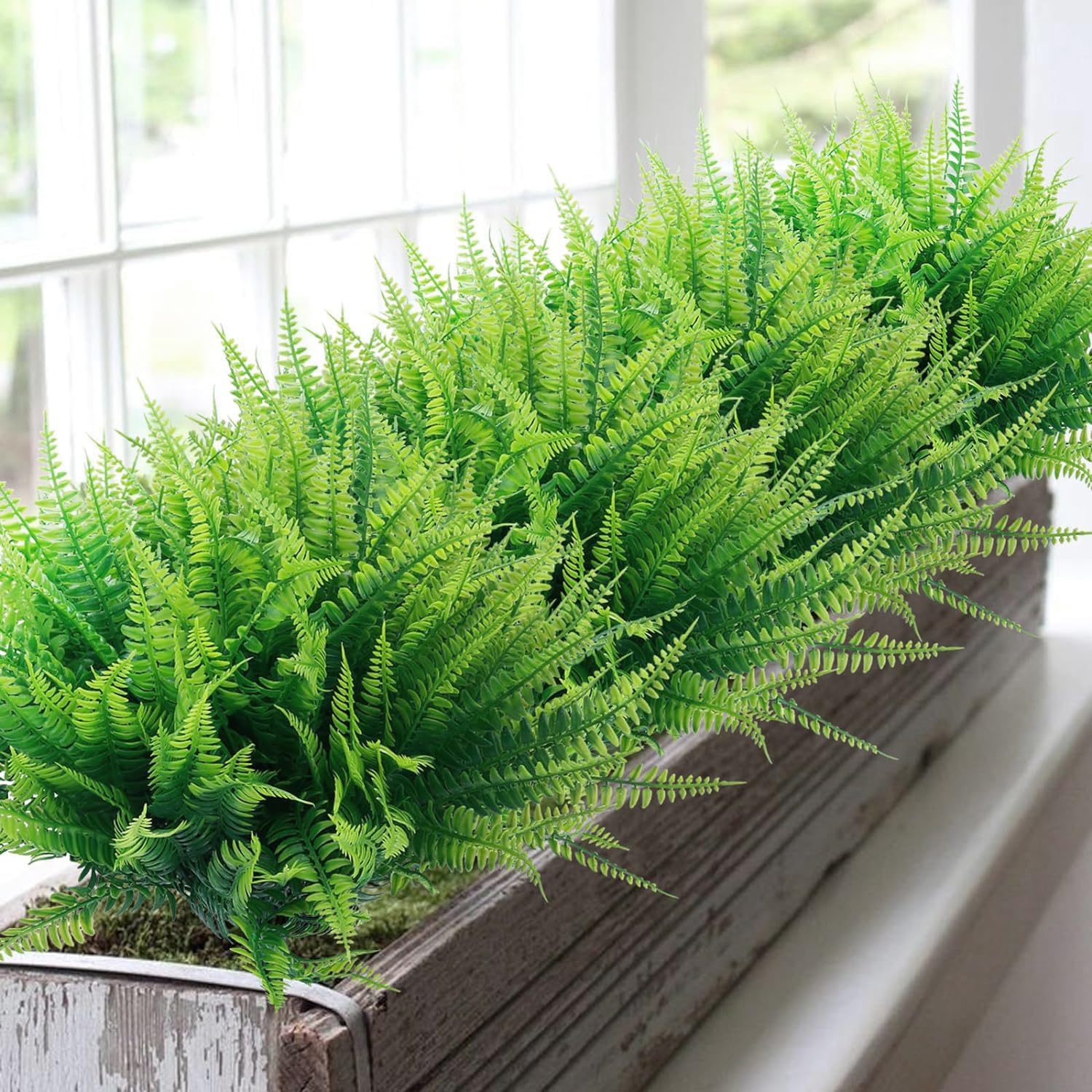 Maoskax Artificial Boston Ferns, 8 Pack Fake Lifelike Plastic Plants, UV Resistant Faux Greenery Bushes for Indoor Outdoor Home Garden Patio Porch Window Box Decor