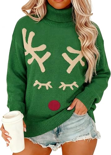 OUNAR Christmas Sweaters for Women Ugly Christmas Turtleneck Sweater Green