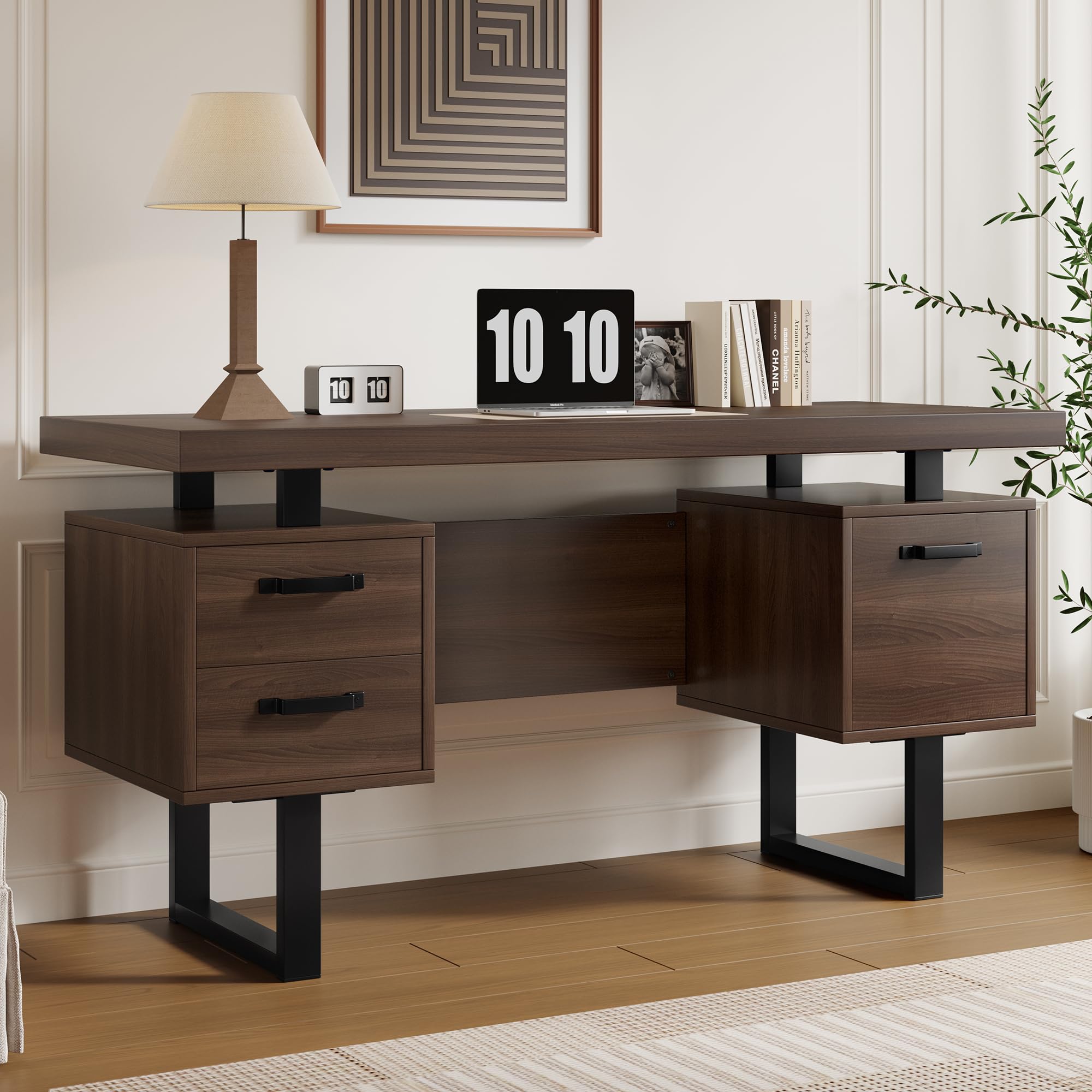 Escritorio de Oficina de MDF y Acero, Mesa de Despacho con Cajones, Marrón, 135 x 54 cm