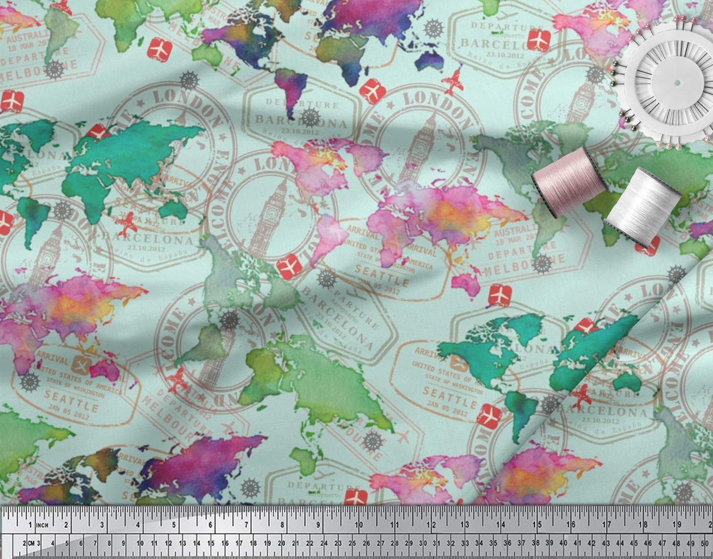 Soimoi Vert Canard De Coton En Tissu Vérifier Et Monde Carte