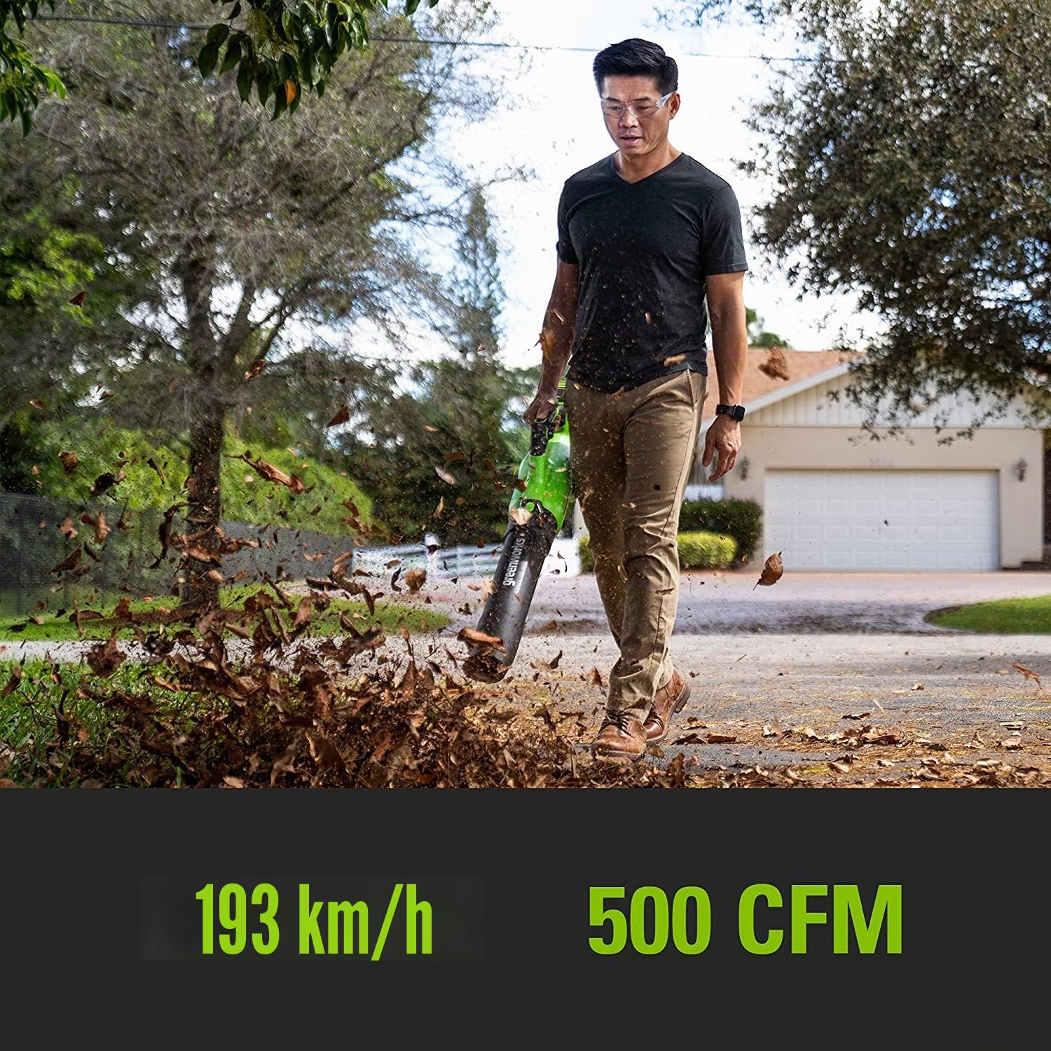 Greenworks 40V Soplador de Batería, Velocidad de Aire de 193 km/h, Volumen de Aire de 14,2m³ / min, Boquilla Ajustable, Velocidad Infinitamente Variable (con 2Ah Batería y Cargador)