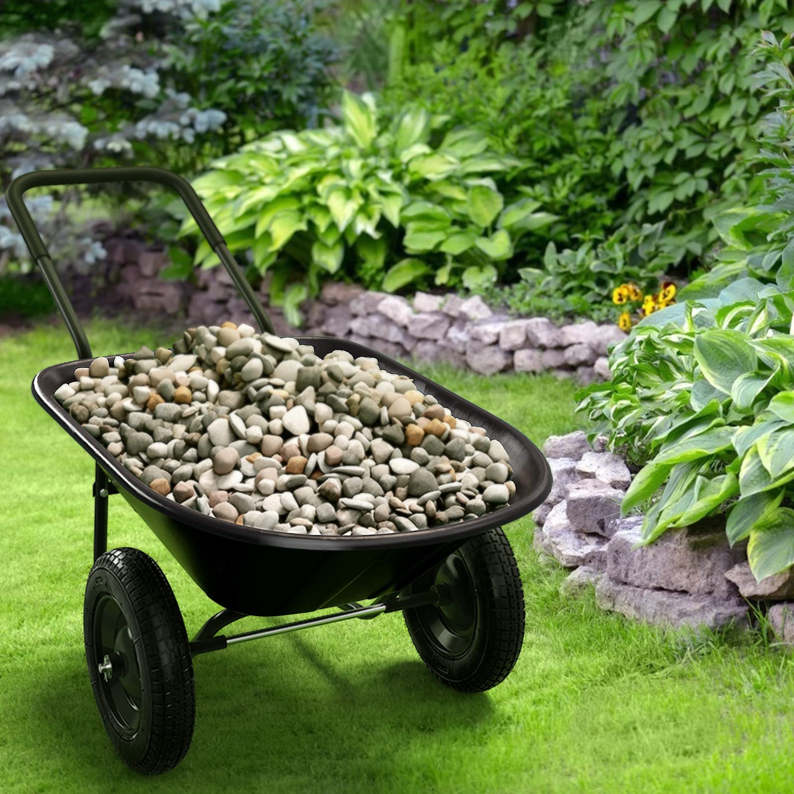 COSTWAY Carriola con 2 Ruote da Giardino, Carrello Resistente con Struttura in Acciaio Robusto, Ruote Pneumatiche 35,5 cm, Capacità 75L, Portata Max 100 kg (Nero)