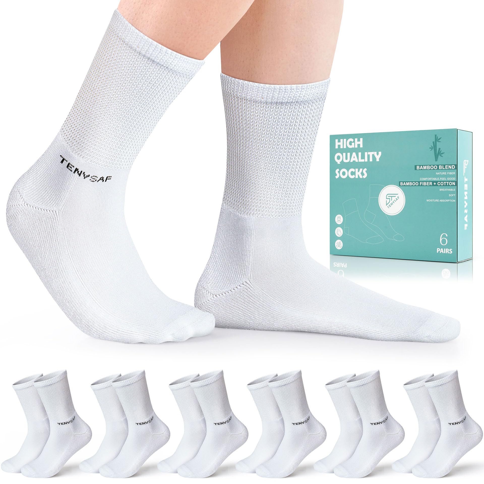 TENYSAFDiabetic Socks for Men Women: Bamboo Crew Seamless diabetes Socks with Cushioned Sole Non-Binding Top 6 Pairs