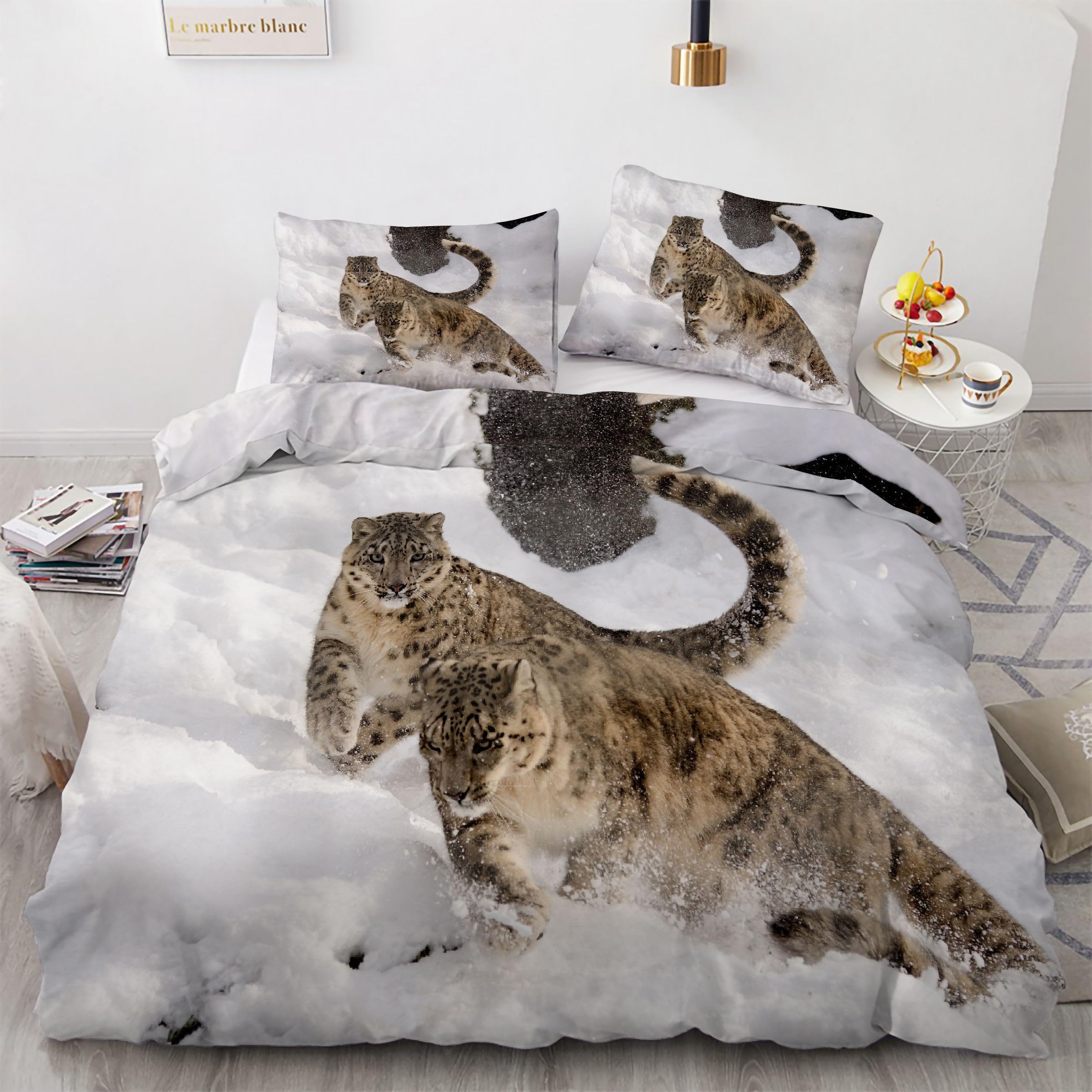 Housse de couette léopard des neiges 90x190 en microfibre douce zippée 3 pièces