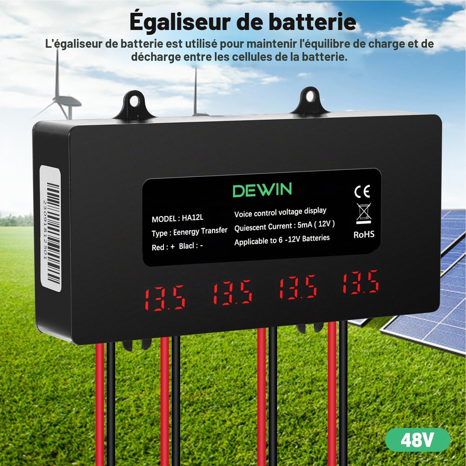 DeWin Batterie Equalizer, égaliseur de Batterie 48V Affichage numérique Équilibreur de Batterie 4 x 12V for Batterie au Lithium Plomb-Acide