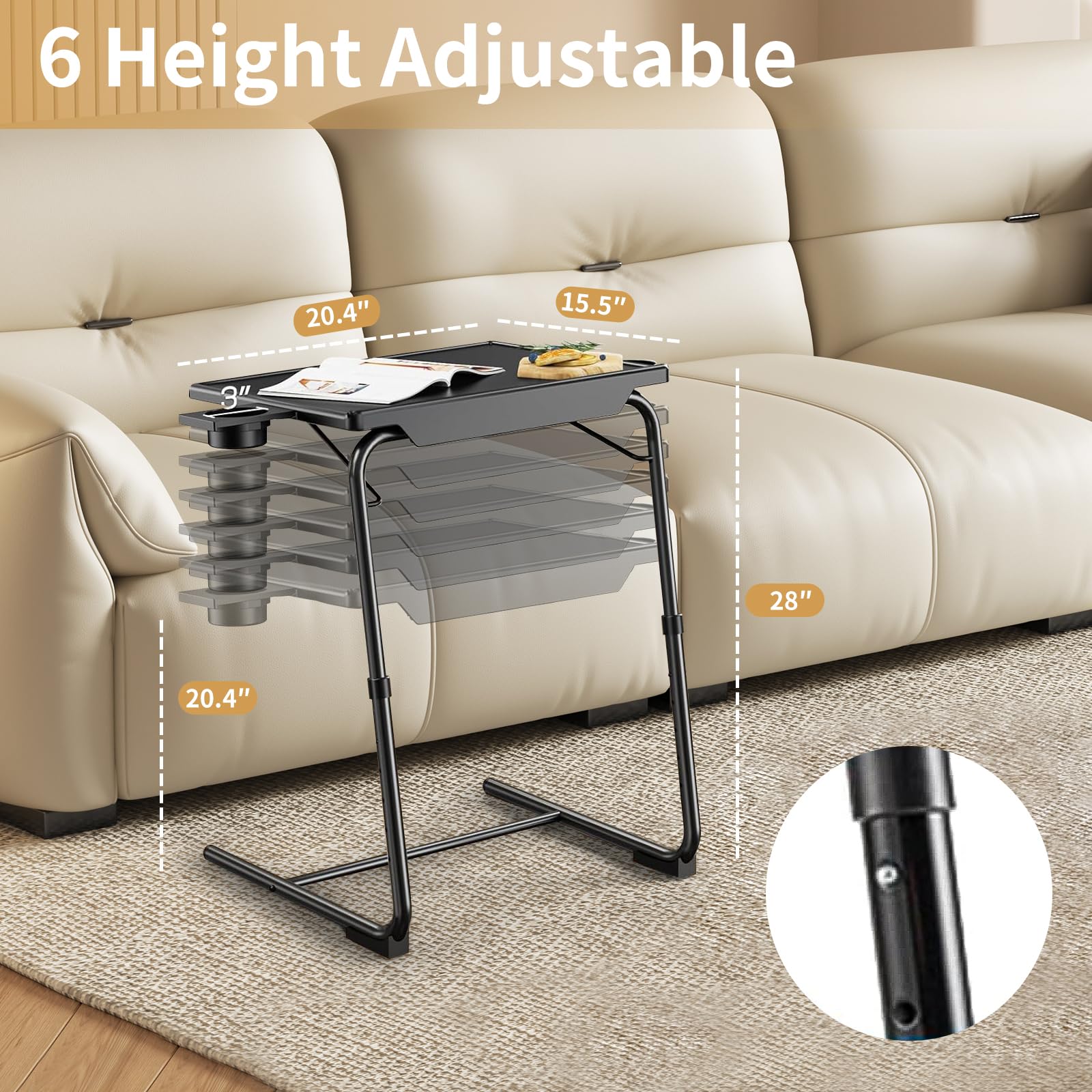 ZUCONKITCH Adjustable TV Tray Tables with 6 Height & 3 Tilt Angle, Folding TV Dinner Tray,TV Table with Cup Holder on Bed & Sofa (1 Pack, Black)