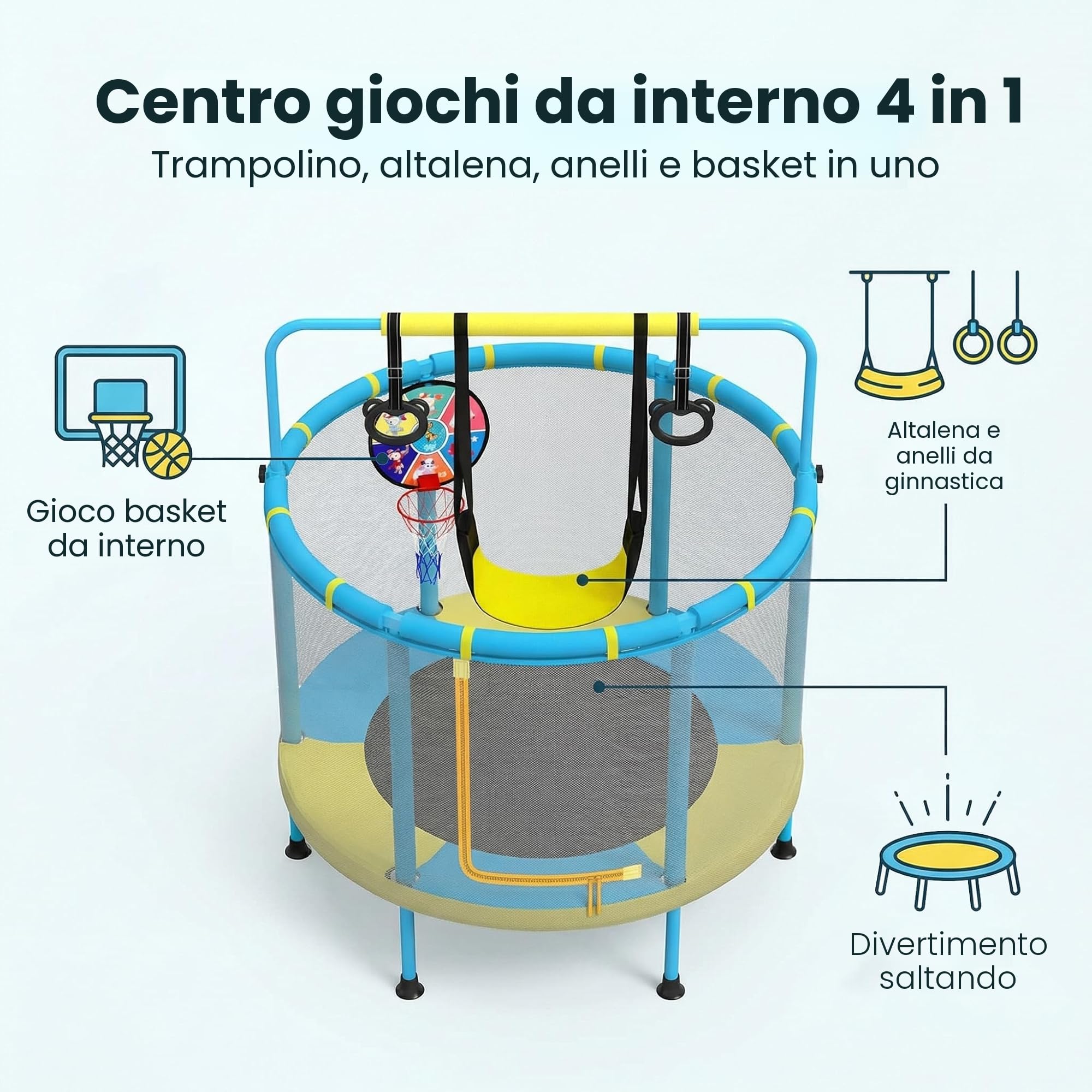 PILIN Trampolino Per Bambini, φ140CM Multifunzionale 4 In 1, Con Altalene, Barre, Cerchi, Canestri Da Basket/Bersagli, Portata 50 Kg, Uso Interno Ed Esterno Del Trampolino Da Giardino