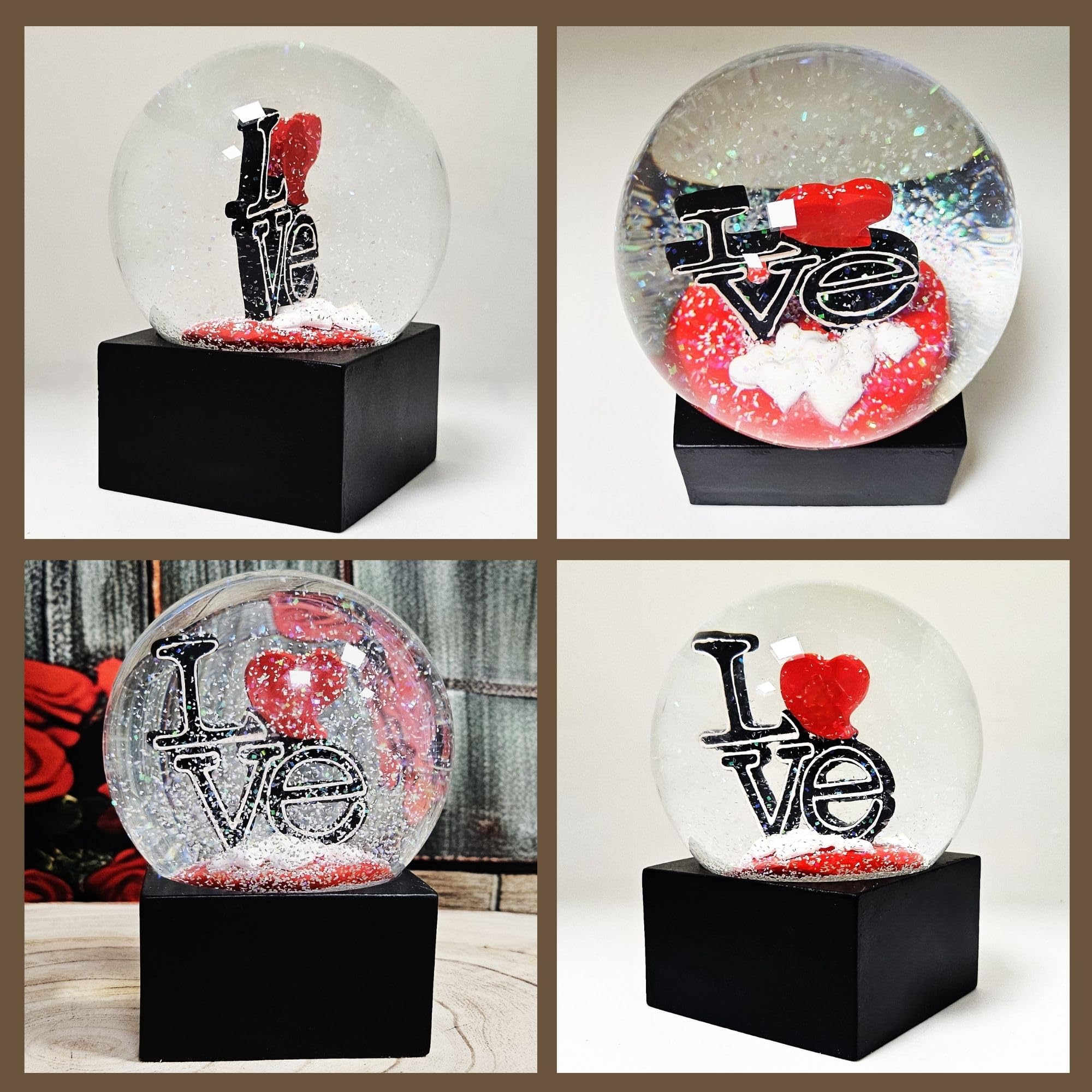 Boule à neige Love avec cœur - Inscription Love sur socle noir - Boule à secouer en verre - Hauteur : 12 cm - Largeur : 10 cm - Cadeau pour la Saint-Valentin, la fête des partenaires - 10015