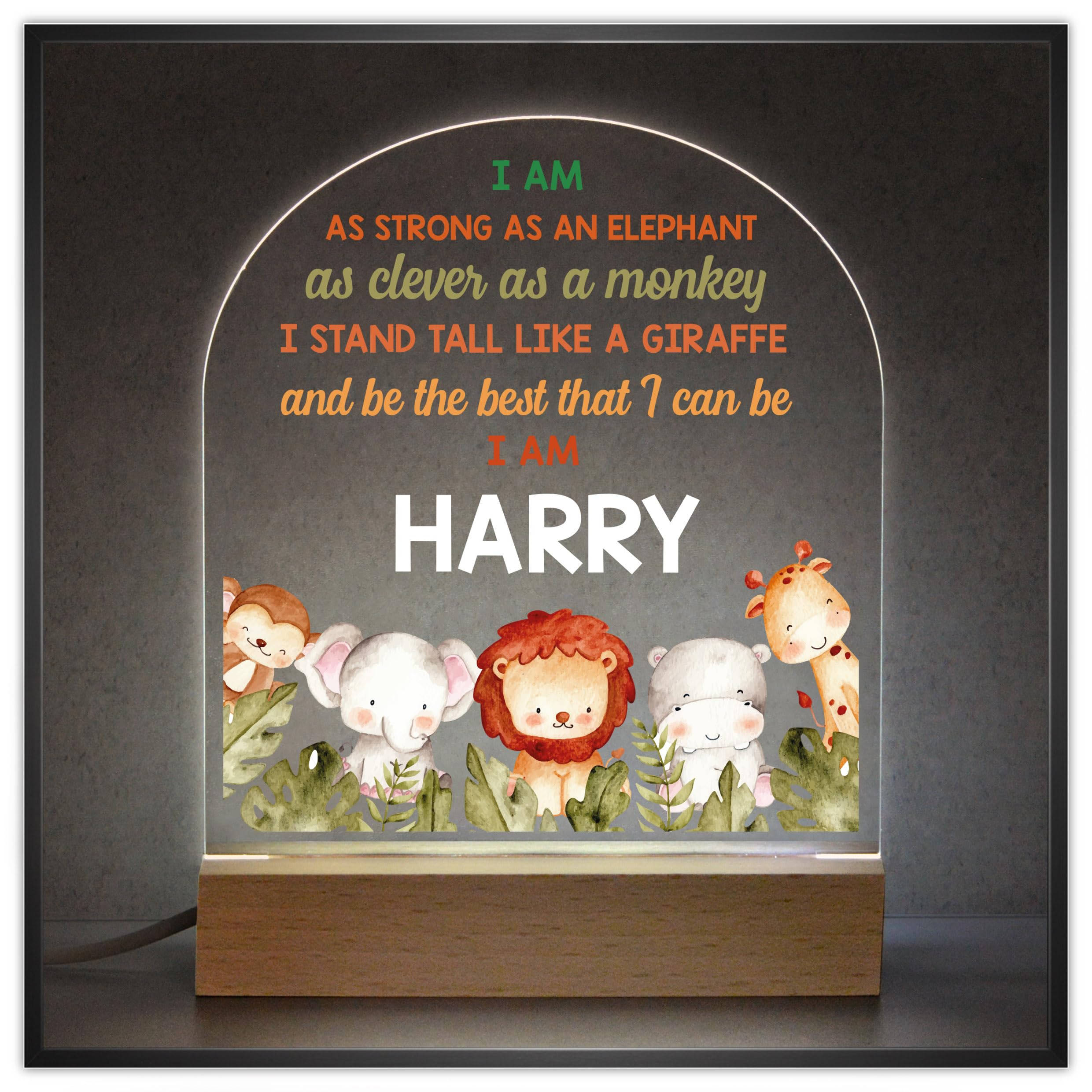 Beecreative Personalised Jungle Animal Safari Nursery Night Light, LED Night Light For Baby Boys Nursery, Lion Nursery Light, Baby Sleep Light, Any Name