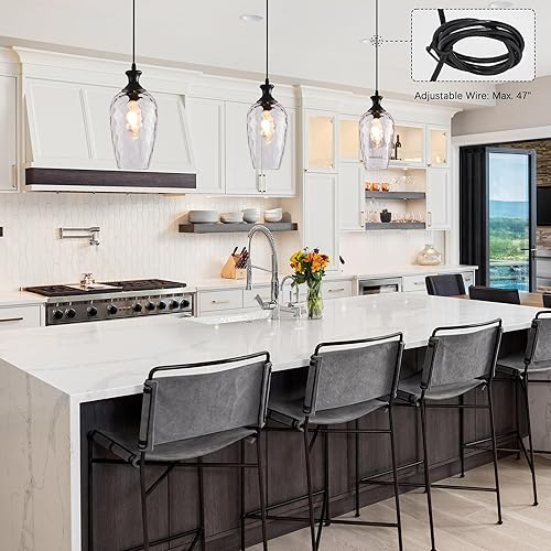 Miniatura 5 de Luces colgantes de cristal para isla de cocina, 1 luz negra con vidrio transparente soplado a mano, lámpara colgante de granja para fregadero de