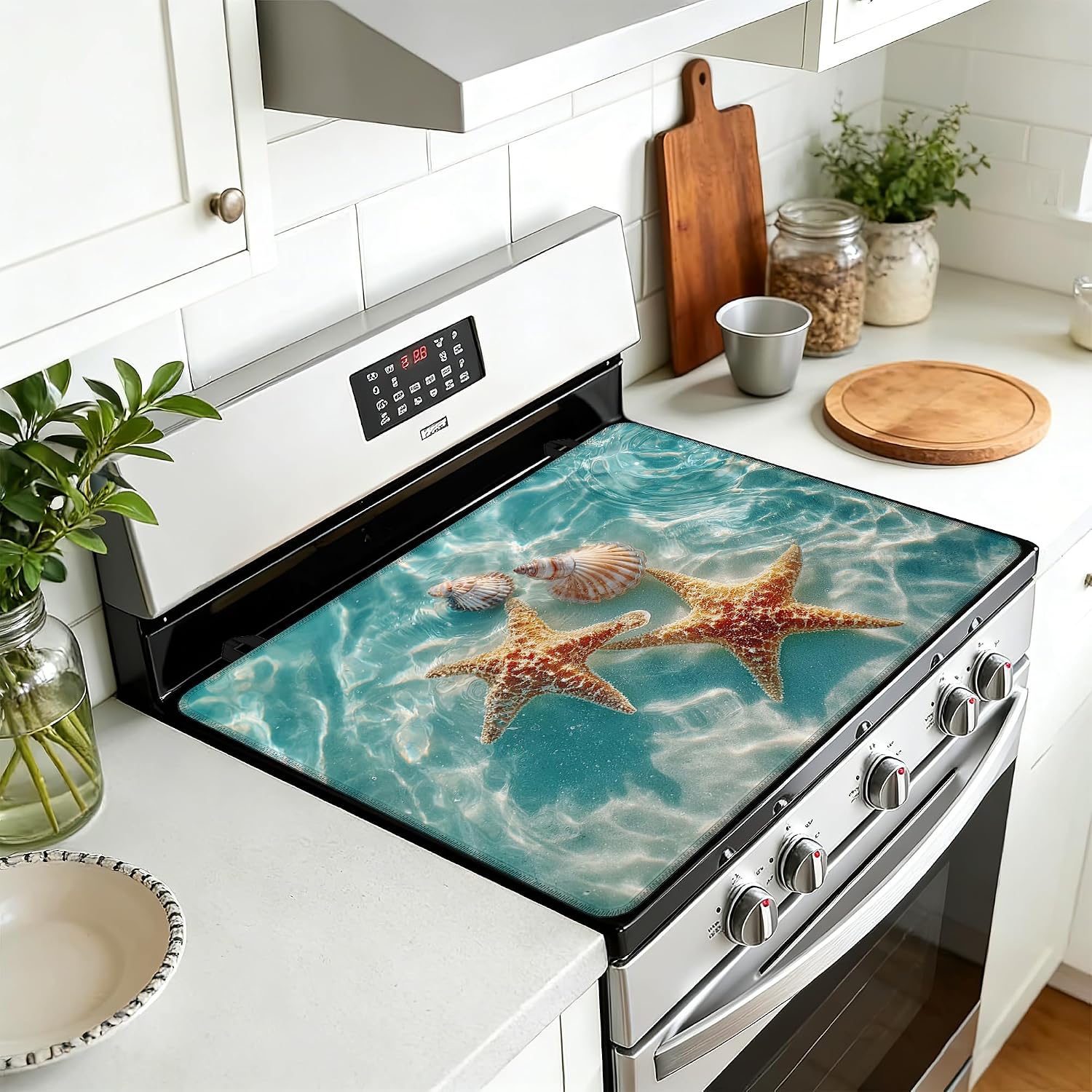 Electric Stove Top Cover, Seashell Beach Stove Top Covers for Electric Stove, 28''X20'' Heat Resist Kitchen Glass Stove Mat Decor Cooktop Ceramic Mat Gas Stove Pad