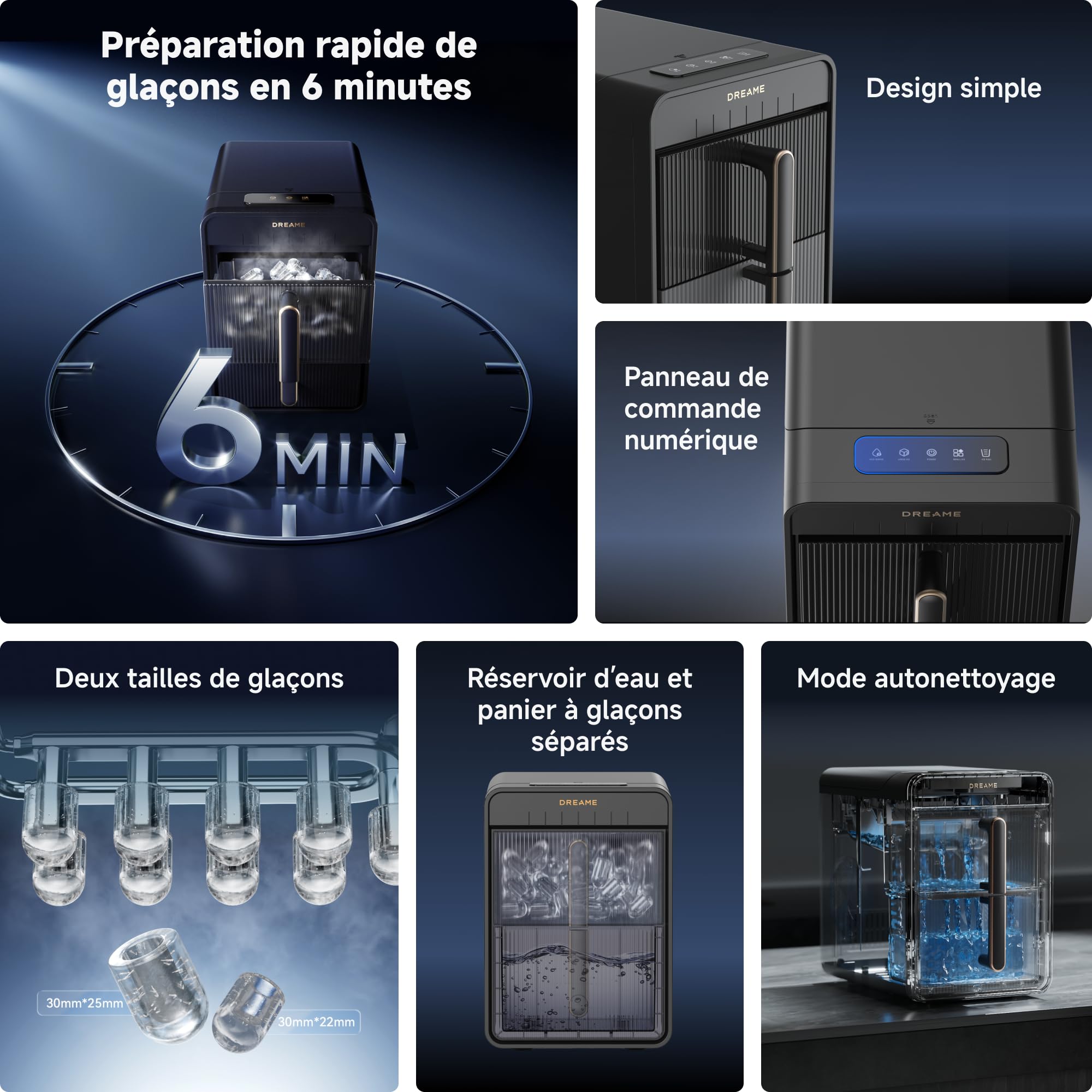 DREAME Aura Bullet Machine à Glaçons, Produisant des Glaçons en 6 Min, avec Réservoir et Panier Séparés, Deux Tailles de Glaçons, Commande Numérique, Éclairage LED et Mode Autonettoyage