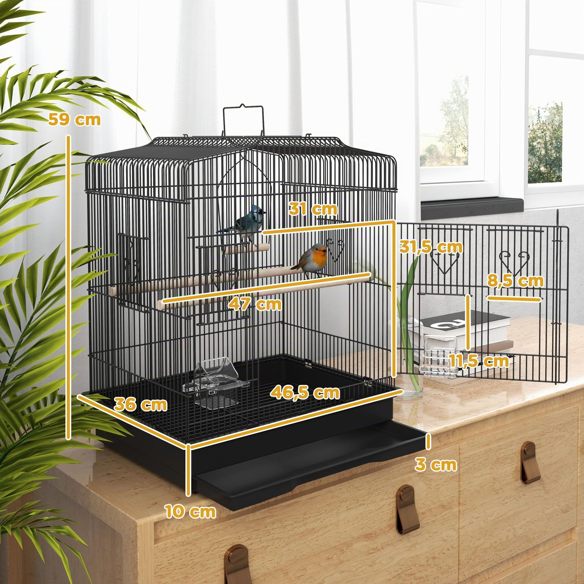 PawHut Cage à Oiseaux avec perchoirs pour Petit Oiseau 46,5x36x59 cm Noir | Gamelles, Balançoire, Cage à perroquet pour Budgie, Perruche