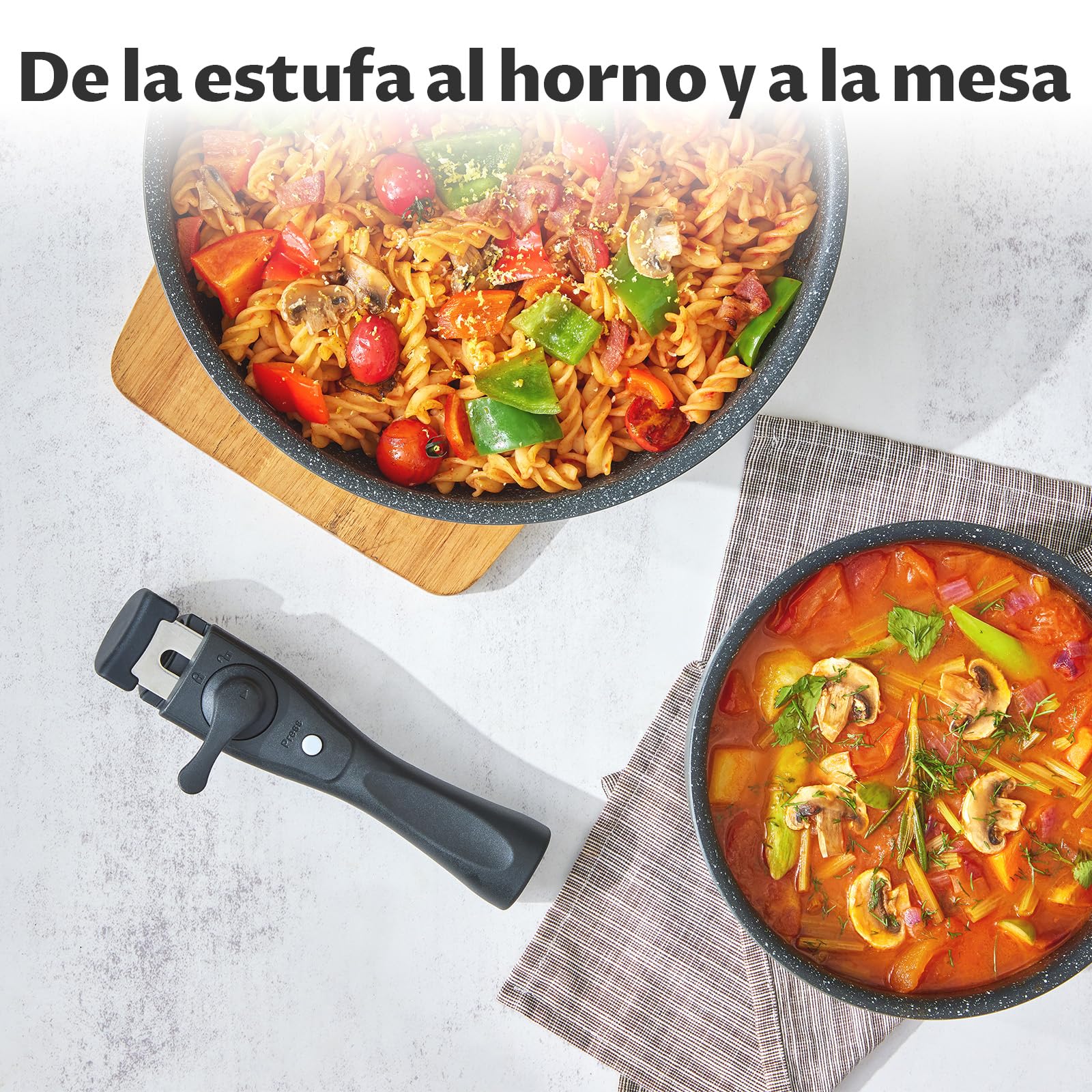 BEZIA Juego de Ollas y Sartenes 10 piezas, Batería de Cocina Antiadherente, Mango Desmontable, No Tóxico Sin PFOA, Apta para Inducción, Gas, Vitrocerámica y Horno, Apilable, Fácil de Limpiar