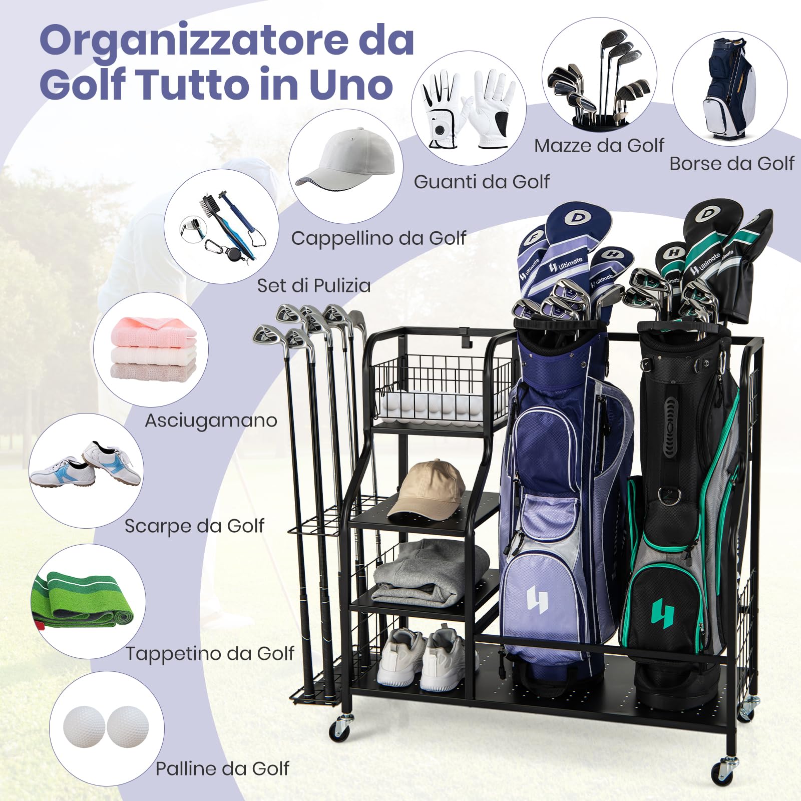 GYMAX Organizzatore per Borsa da Golf, Stand per Borse da Golf con Ripiano a 3 Livelli, Cestino Superiore, Organizzatore per 14 Mazze, 2 Ganci per Asciugamani Rimovibili e 4 Ganci Laterali