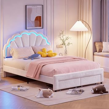 Small Double Bed Frame 120 x 190 cm with 2 Drawers, Cream Velvet Upholstered Bed with Shell LED Headboard, 4FT Storage Bed, Wooden Slats & Metal Support, Kids Teen Girls Bedroom