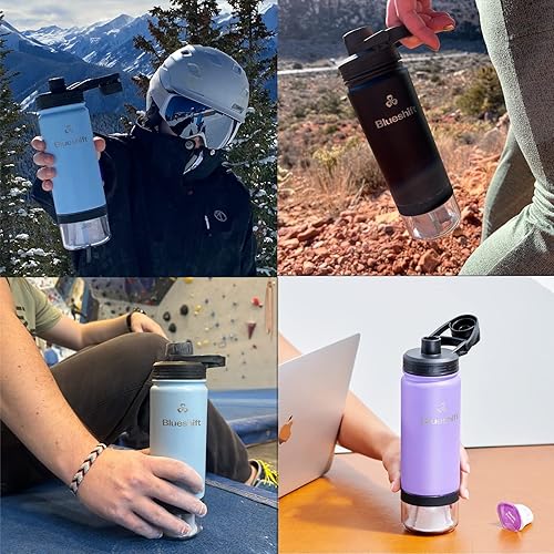 Miniatura 6 de Blueshift Sidekick - Botella de agua de acero inoxidable de 18 onzas, botella agitadora de proteínas, almacenamiento de polvo, incluye 6 suplementos