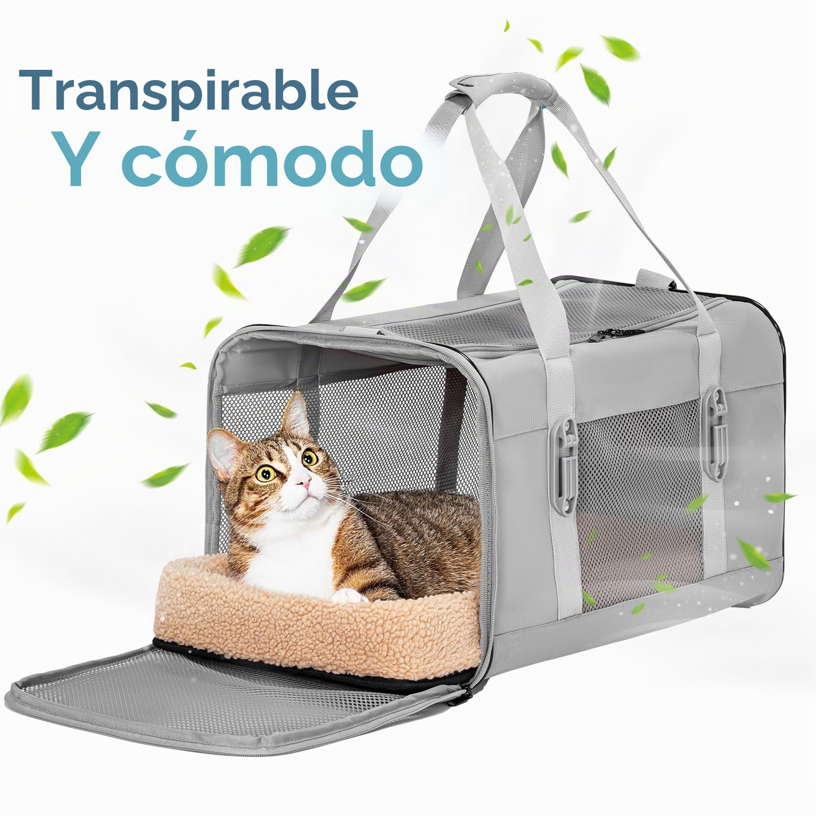 Petsfit Transportín Perro Gato Coche Plegable, Bolso Transportin para Mediano con Hombro Ajustable y Suave Acolchado, Trasportines Gato Perro 48,5x31x31 cm, Gris