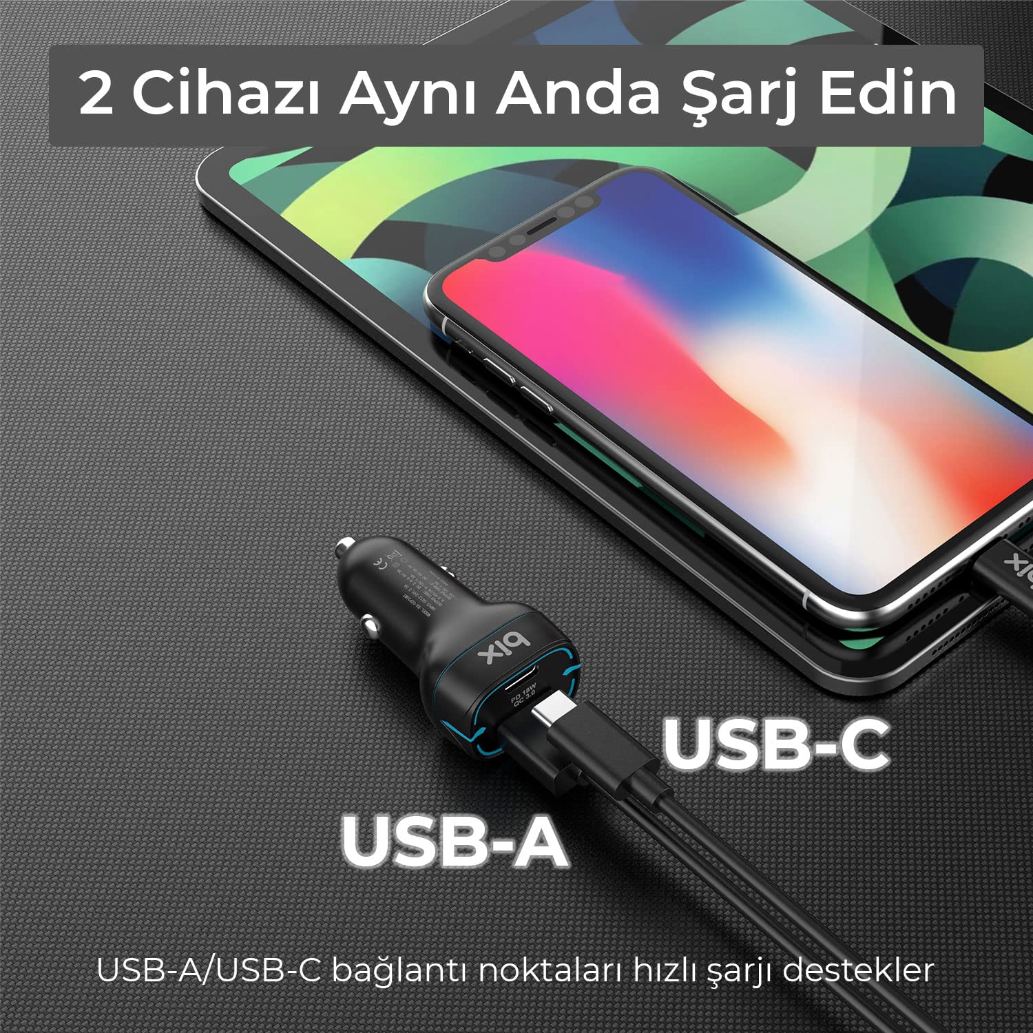 Bix BX-CCP36WT 38W Type-C PD 20W ve USB-A QC 3.0 18W Çift Portlu LED Işıklı Araç Şarj Cihazı Beyaz iPhone 15/14/13/12/11/X/, iPad, Galaxy S24/S23/S22/S21/S20 ve Daha Fazlasıyla Uyumlu BXCCP36WT