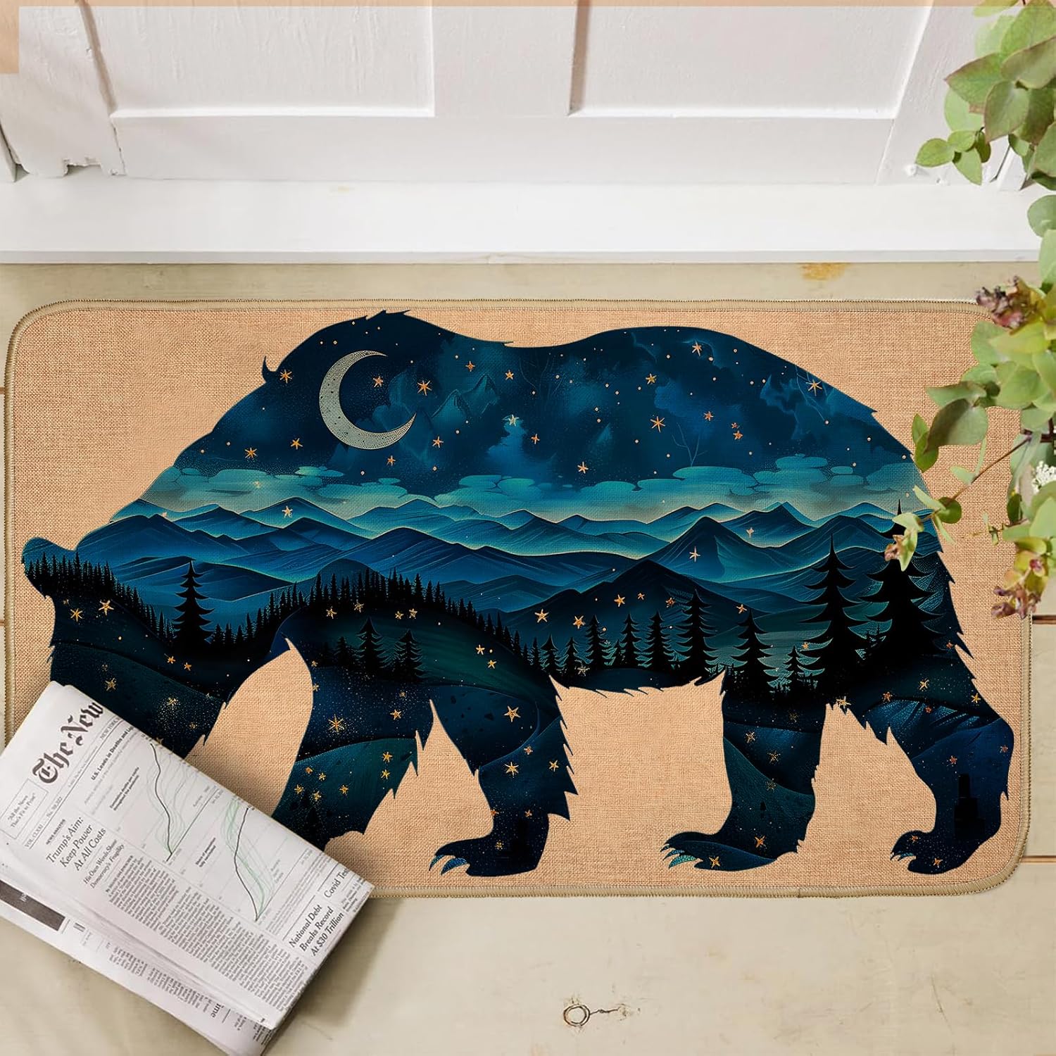 Bear Welcome Door Mat,29.5x17inch,Indoor Outdoor Linen Floor Mats with Mountain and Starry Sky Silhouette in Nightscape,Non-Slip Rubber Backing Doormat,Decor Gifts Rug for Entrance Bedroom