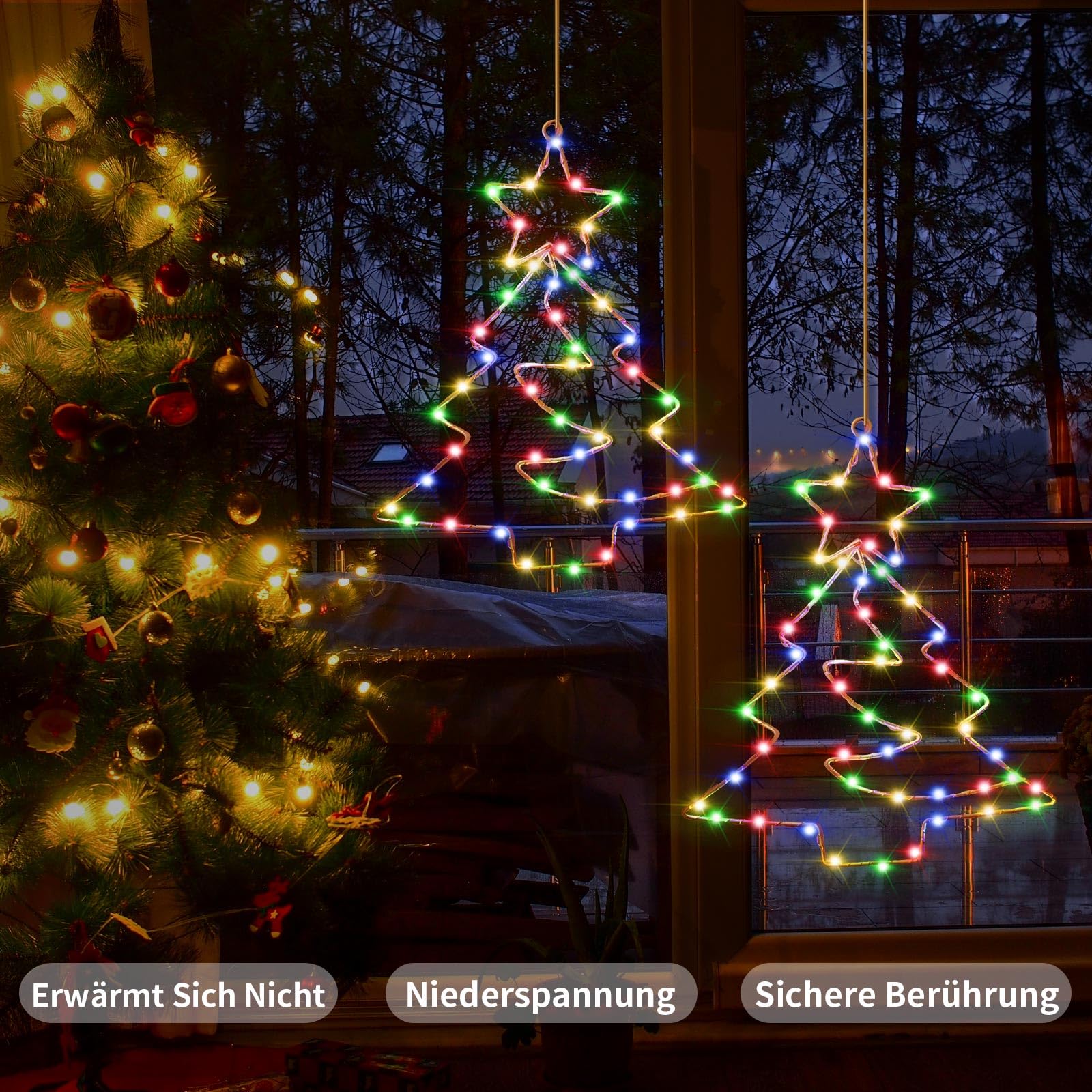 Joycome Luces Ventana Navidad 3 Piezas 55 LED Luce Árbol De Navidad A Pilas, Colgando Luces Árbol Navideña Con Temporizador, Impermeable Luce Navideñas Para Ventana Interior Exterior - Multicolor