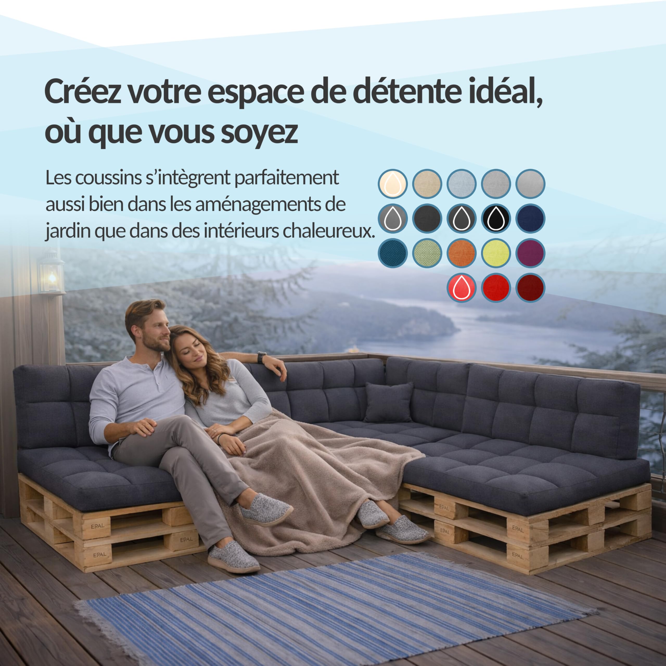 POKAR Set de 6 Coussins pour Palettes Euro Imperméable: 2X Assise 120x80cm + 2X Dossier 120x40cm + 1x Dossier 60x40cm + 1x Coussin 40x40cm, Canapé de Jardin, sans Palette, Noir