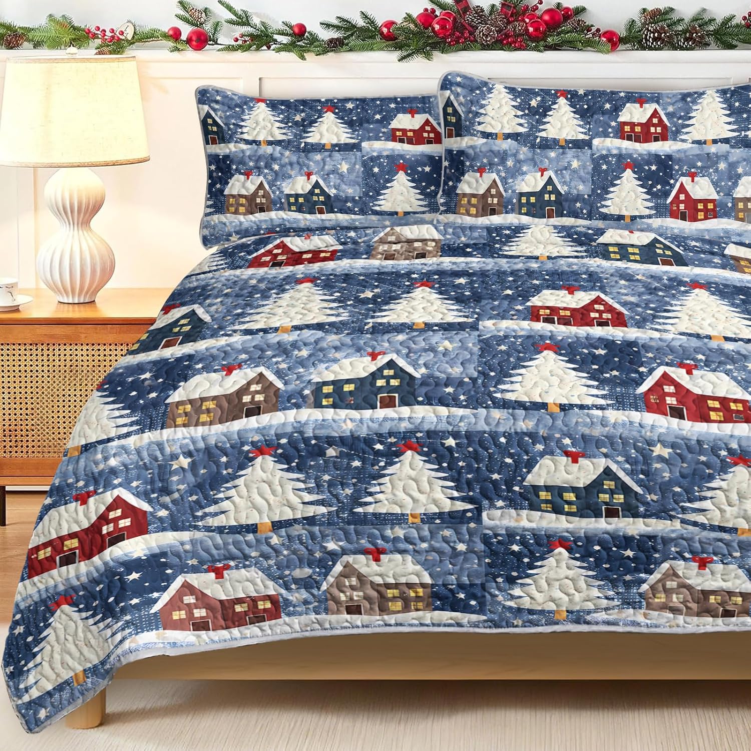 BlessLiving Blue Christmas King Size Quilt Bedding Sets with Pillow Shams, Lightweight Soft Cedar Pattern Bedspread Coverlet, Thin Comforter Bed Cover, All Season, 3 Pieces, 108x96 inches
