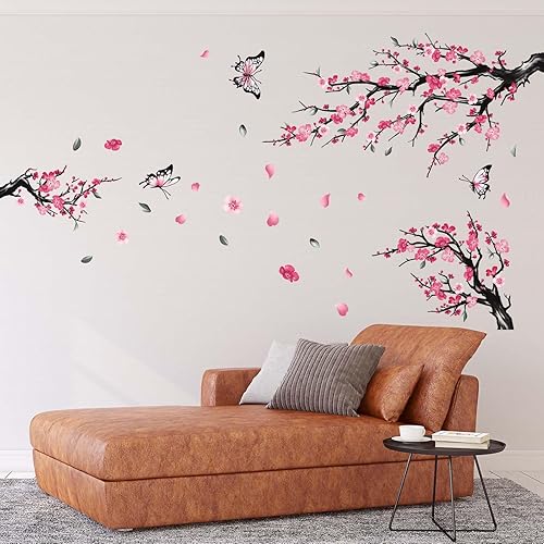 Miniatura 2 de PinkEleph Calcomanías de pared de flores de cerezo en acuarela rosa, ramas de árbol, pájaros, flores de cerezo, calcomanías de pared, sala de estar,