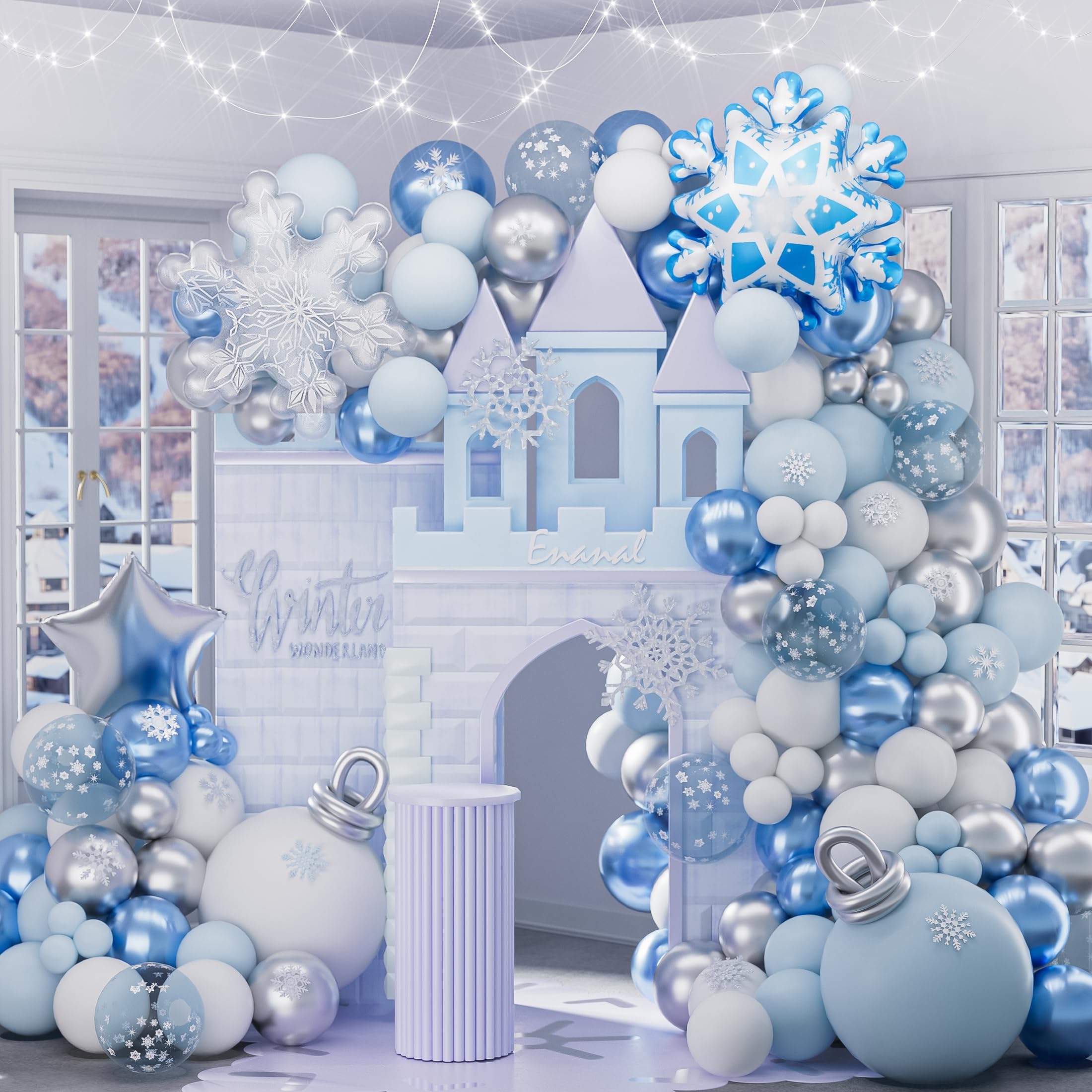Enanal Winter Snowflake Balloon Garland Arch Kit, 155pcs Blue Silver White Balloons with Snow Star Foil Balloons for Christmas Winter Onederland Party