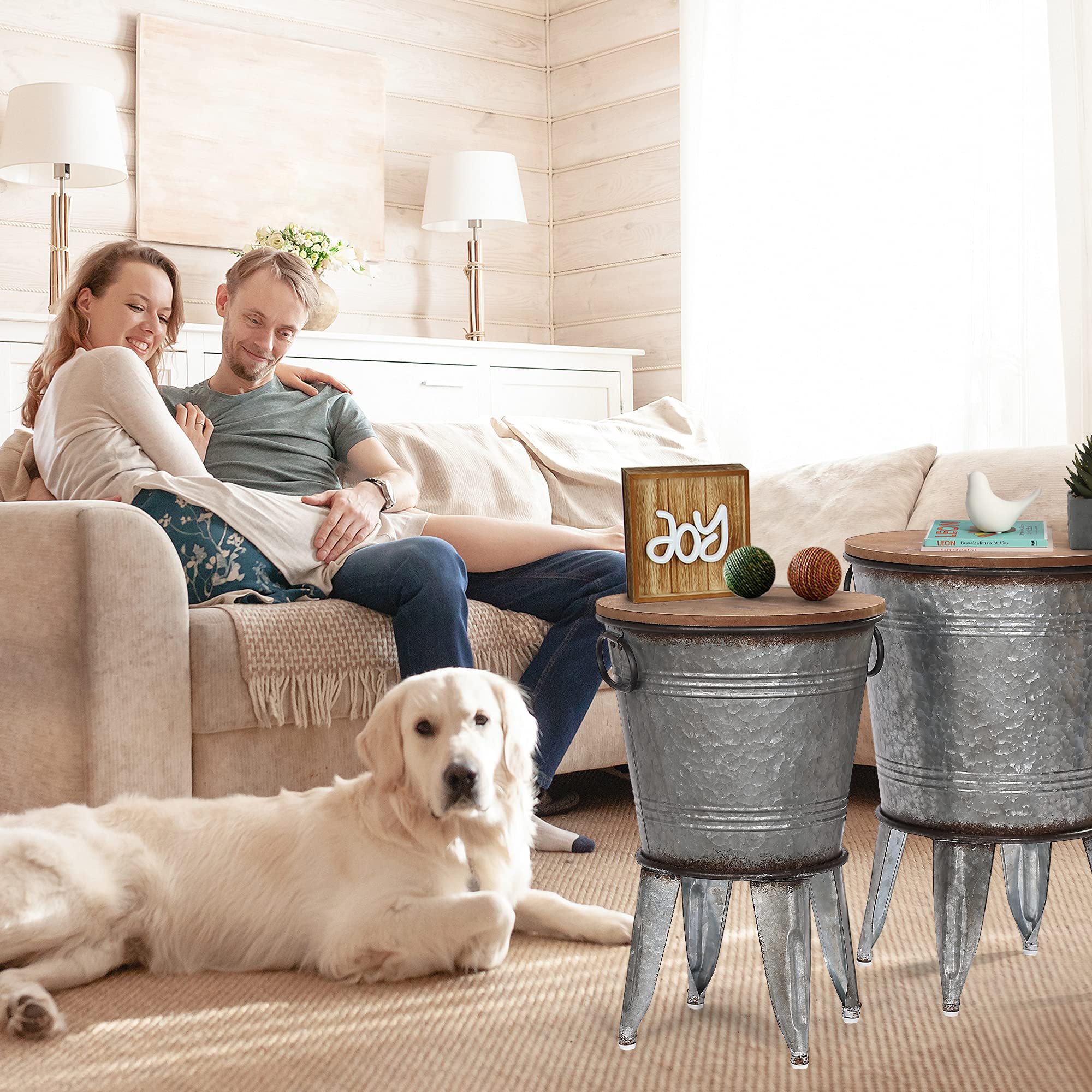 RUSTOWN Farmhouse Side Tables Set of 2, Galvanized Metal Bucket End Table | Storage Metal Bin with Round Wooden Lid, Accent Side Table, Rustic Antique Cocktail Table for Living Room, Bedroom, Outdoor