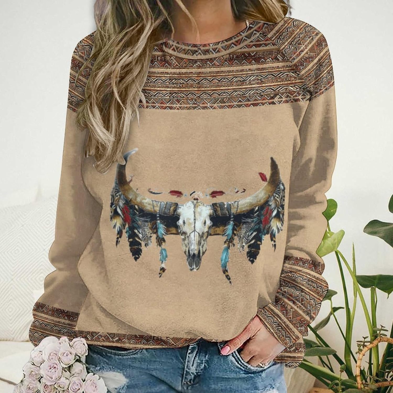 LOAIHA Womens Western Shirts Native American Long Sleeve Aztec Sweater Geometric Print Tops Fall Casual Crewneck Blouses - Image 2