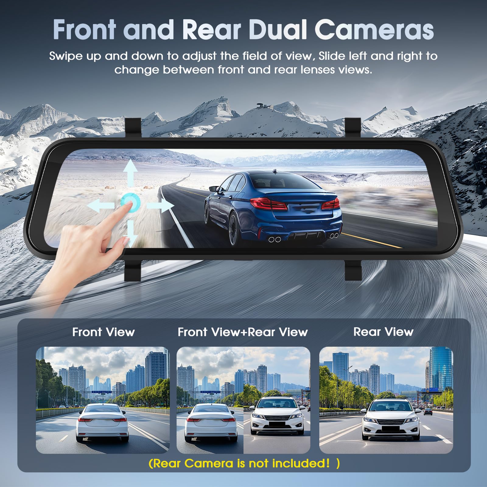Videocamera 9.66" Specchietto Con Apple Carplay Wireless, Android Auto Con Telecamera Retromarcia HD, IPS Touchscreen Doppio 1080P Videocamera Specchietto Auto, 2 Schermi Divisibili, Bluetooth
