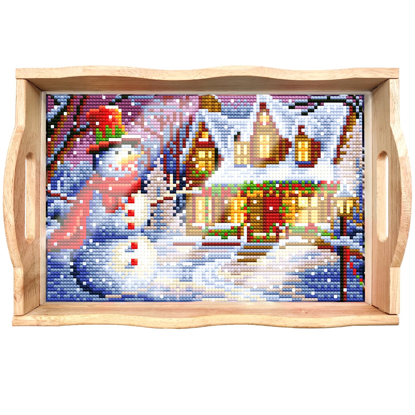 FGbaby DIY 5D Snowman House Diamond Painting Wood Serving Tray with Handles - Diamond Art Decor for Breakfast, Patio, BBQ, Coffee Table, Party