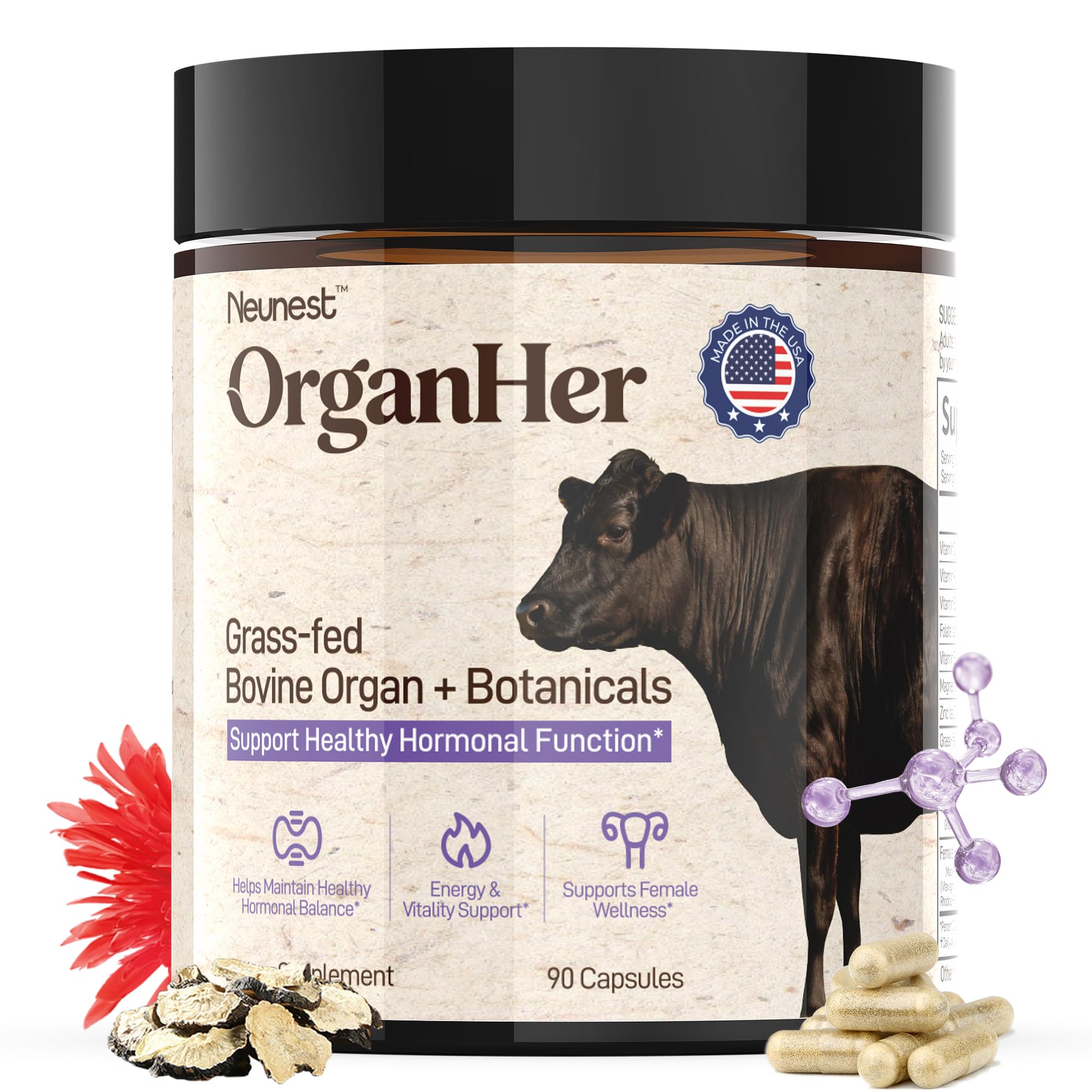 Beef Organ Supplement for Women – 1100 mg Grass-Fed Bovine Complex with 7 Vitamins & Minerals and 8 Botanical Actives for Hormone Balance, Energy & Immune Support – Third-Party Tested (90 Capsules) 90 Count (Pack of 1)