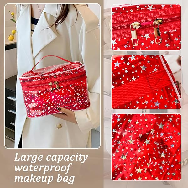 TotePrint Trousse de maquillage en PVC - Motif étoilé - Étanche - Forme carrée - 22 x 14 x 14 cm - Organiseur de maquillage de voyage - 1 pièce, Rose, Moderne - 3