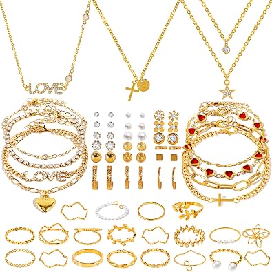 Golden Collection Fashion Jewelry Set Stocking Stuffers, Layered Necklaces, Bracelets, Earrings, Rings, Modern Contemporary Style for Women