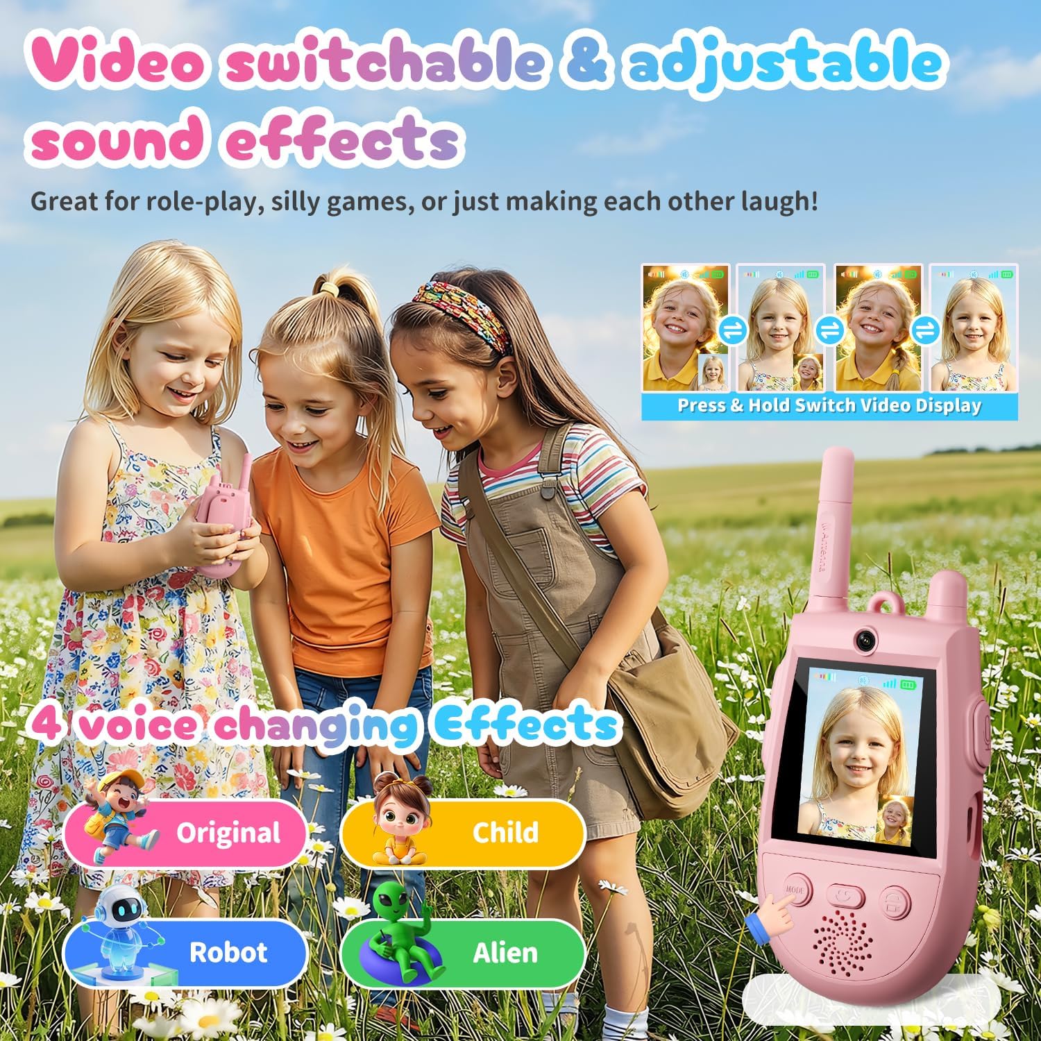 2 Pack Walkie Talkies for Kids, Rechargeable Kids Video Walkie Talkies with Camera & Voice Changer, Long Range Video Chat Toy for Age 3-12, Indoor, Outdoor Play Camping Hiking Games (Pink/Pink)
