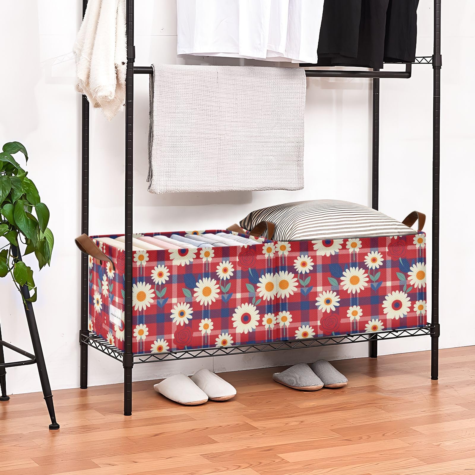FRODOTGV Contenedores de almacenamiento abiertos para armario, dormitorio, cocina, diseño patriótico, tartán rojo, margarita, talla M