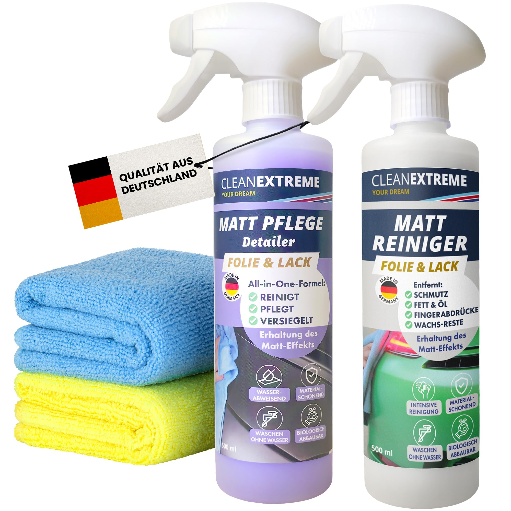 500ml Auto Mattlack Pflege + 500ml Mattlack Intensiv Reiniger + 2 Mikrofasertücher | Finish Set | Zum Reinigen Pflegen Versiegeln von Autolack matt & Matt-Folie