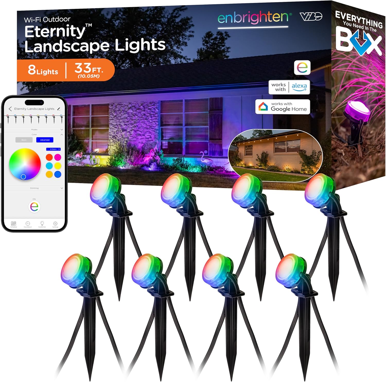 Enbrighten Vibe Eternity Landscape Lights, 33ft, 8 RGBWIC Pathway Lights, Color Changing, LED Outdoor Lights, Landscape Path Lights, Landscape Lighting, Compatible with Alexa, Google Assistant, 83789 Enbrighten Vibe Eternity Landscape Lights, 33ft, 8 RGBWIC Pathway Lights, Color Changing, LED Outdoor Lights, Landscape Path Lights, Landscape Lighting, Compatible with Alexa, Google Assistant, 83789