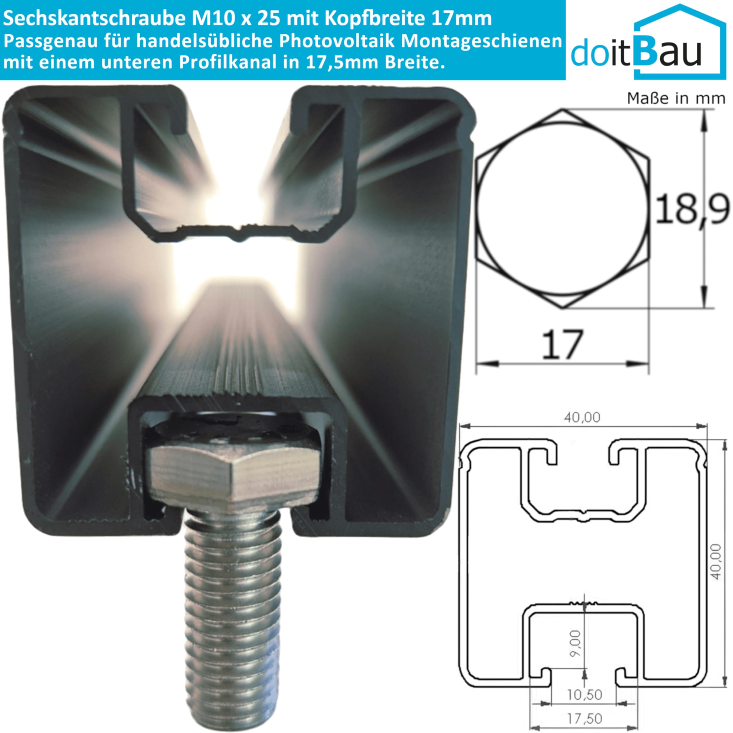 doitBau Kit de montaje para 5 paneles solares, soporte de pliegue de pie, fijación PV, 20 abrazaderas, 20 tornillos hexagonales, canal de perfil de 17,5 mm, cabeza de 17 mm, acero inoxidable A2
