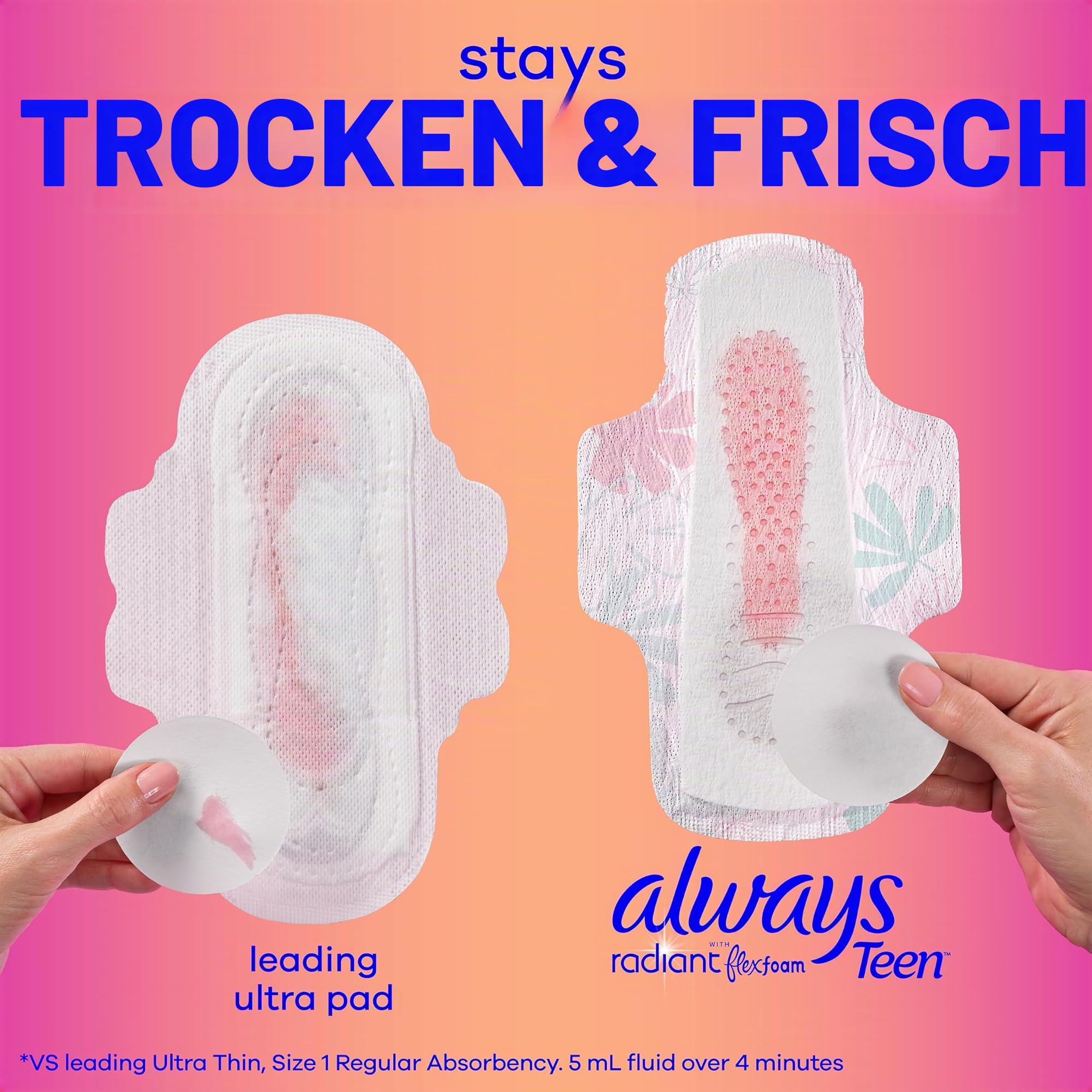 Always Radiant Teen Pads, Größe 1, regulär, mit Flügeln, geruchlos, 42 Stück
