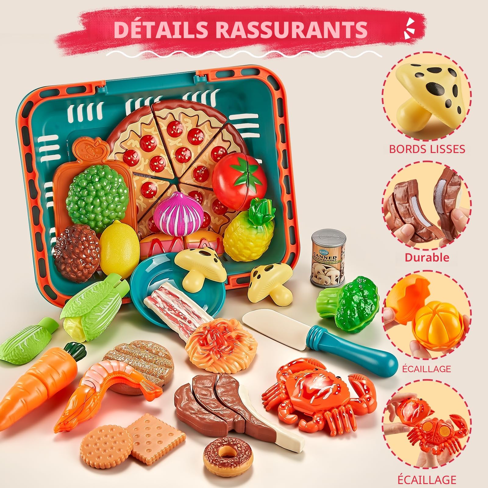 Lot de 80 Jouets Alimentaires à Découper pour la Cuisine des Tout-Petits, Jeu de Rôle de Chef pour Enfants avec Nourriture en Jouet, Panier à Pique-Nique (Édition Standard)