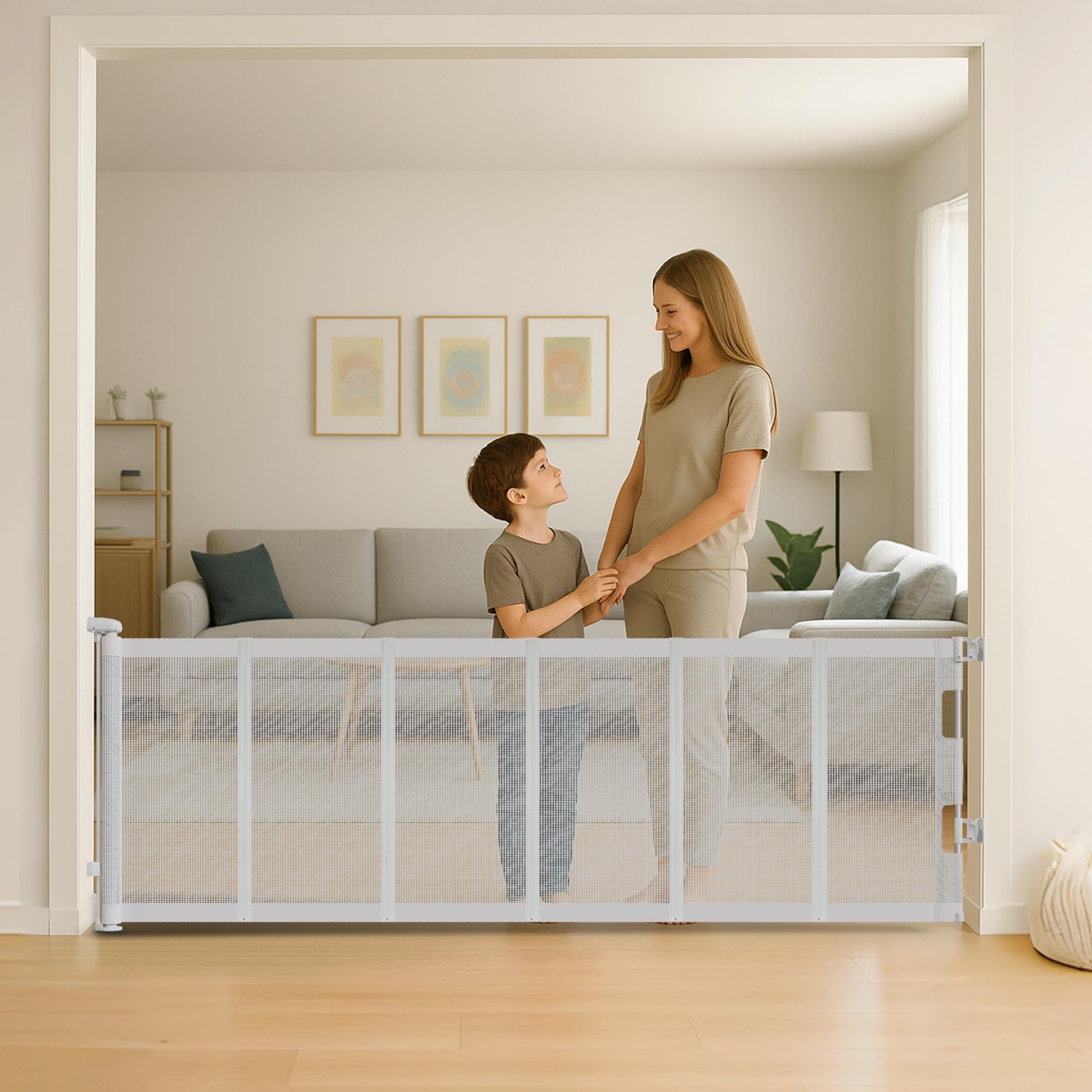 34" H Tall Mesh Dog Gate Extends Up to 150" W Retractable Pet Gate with Drill Installation, Preventing Crawling Through for Stairs, Doorways, Indoor &amp; Outdoor (White)