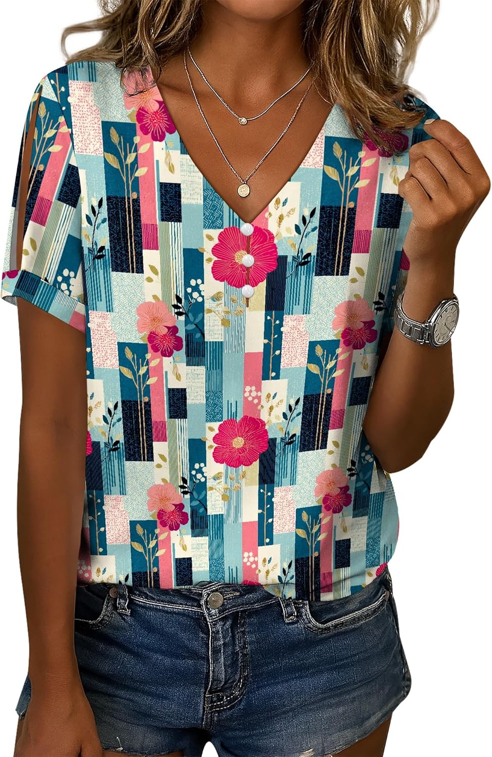 Boho Chic Women’s Floral Print V-Neck Short Sleeve Blouse Ladies Casual Cotton Linen Blend Button Tunic Top