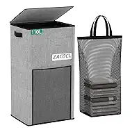 Laundry Hamper with Lid 110L, Large & Tall Laundry Basket with Removable Bag & Front Mesh Bag, Collapsible Dirty Clothes Hampers for Bedroom Aesthetic, Bathroom, Dorm, Laundry Room - Easy Carry, Grey