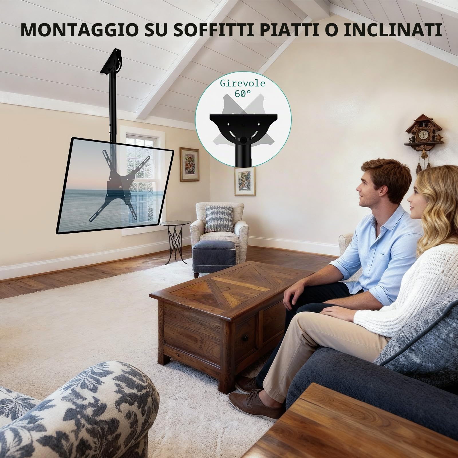 WALI Supporto da soffitto per TV a soffitto, inclinabile, orientabile, per schermo piatto da 26 a 65 pollici, supporta fino a 50 kg, VESA max 400 x 400 mm, supporto per soffitto piatto e inclinato,