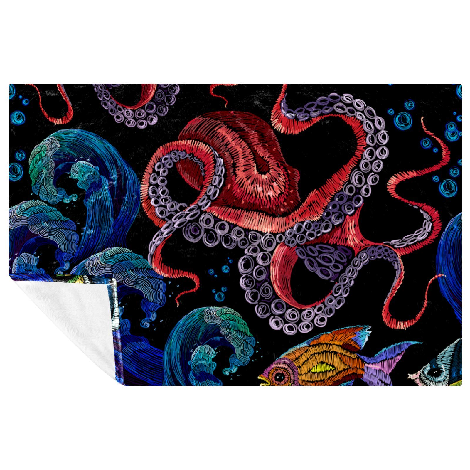 Couverture brodée pieuvre poisson plaid lit canapé camping de 150x200 cm