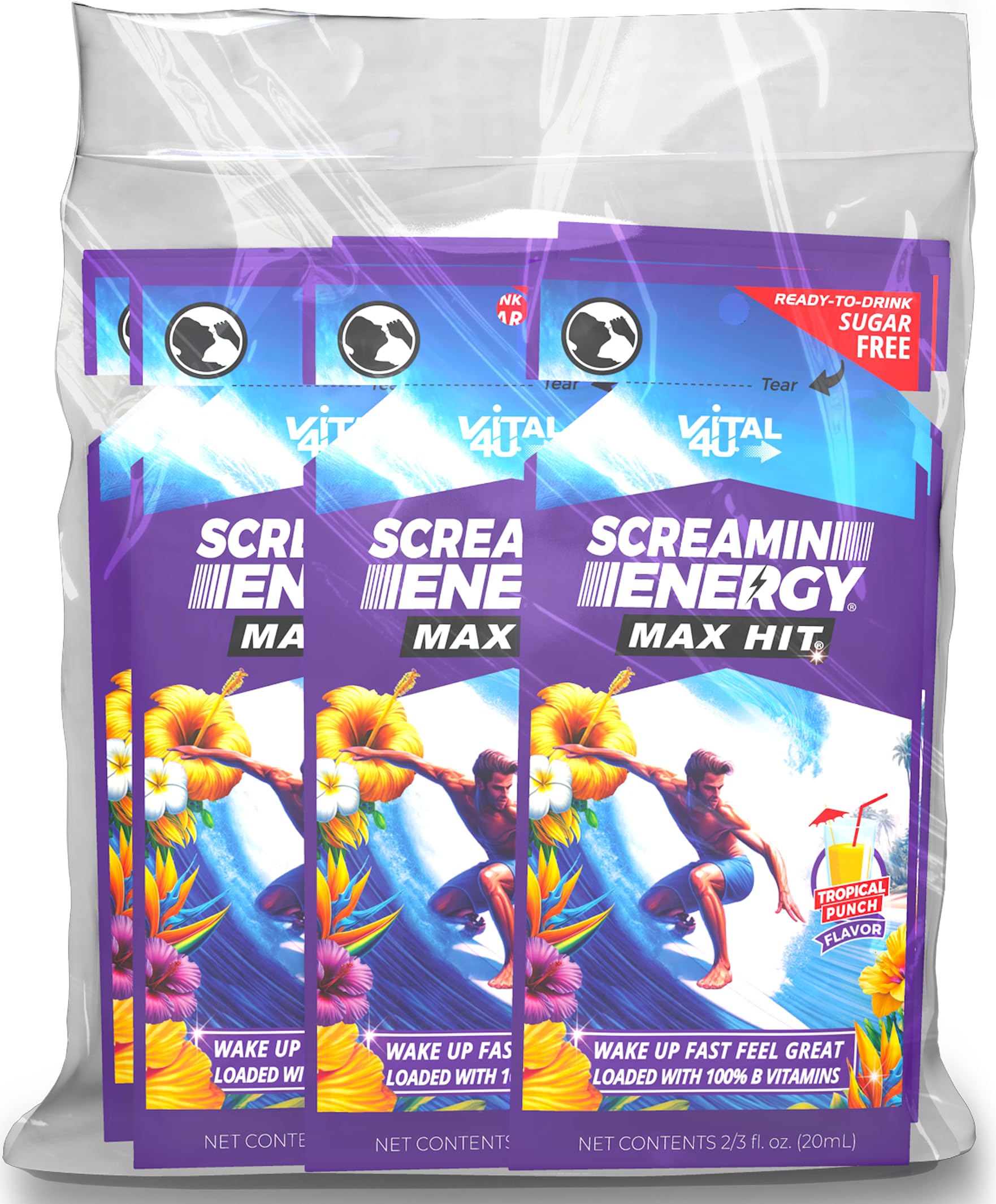 Screamin Energy Max Hit Tropical Punch Flavor - Maximum Strength Sugar Free Energy Shot with Ginseng, B Vitamins, and Caffeine - 24 Count